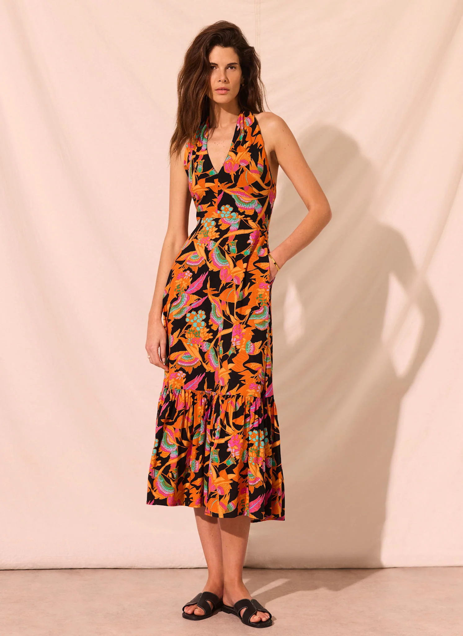 1464-orange-floral-print-halter-midi-dress-1.webp Orange Floral Print Halter Midi Dress