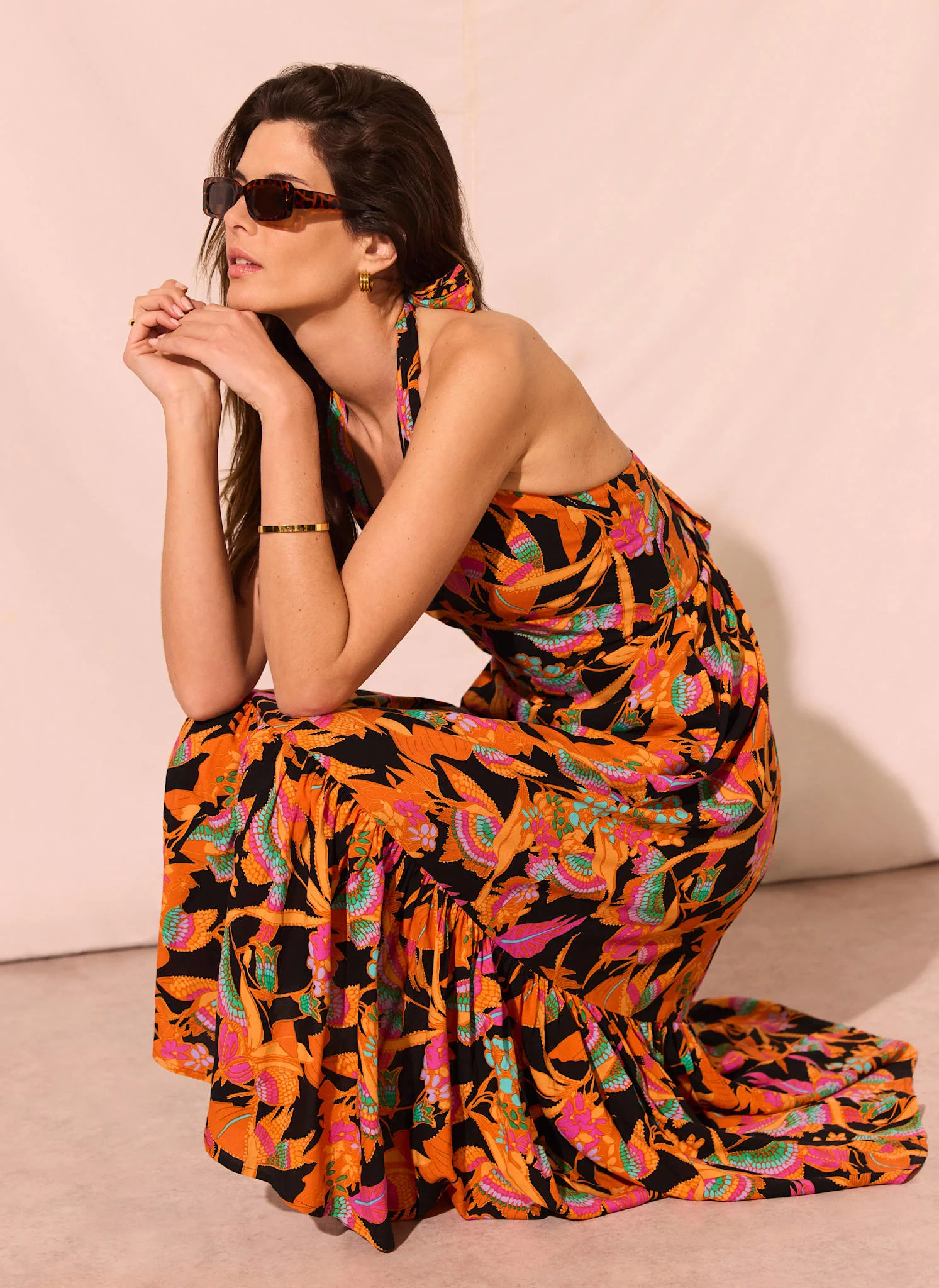 1464-orange-floral-print-halter-midi-dress-2.webp Orange Floral Print Halter Midi Dress
