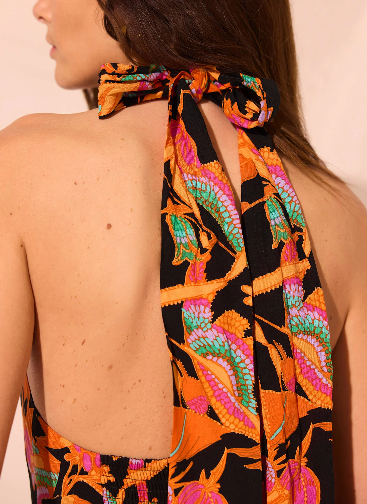 1464-orange-floral-print-halter-midi-dress-4.webp Orange Floral Print Halter Midi Dress