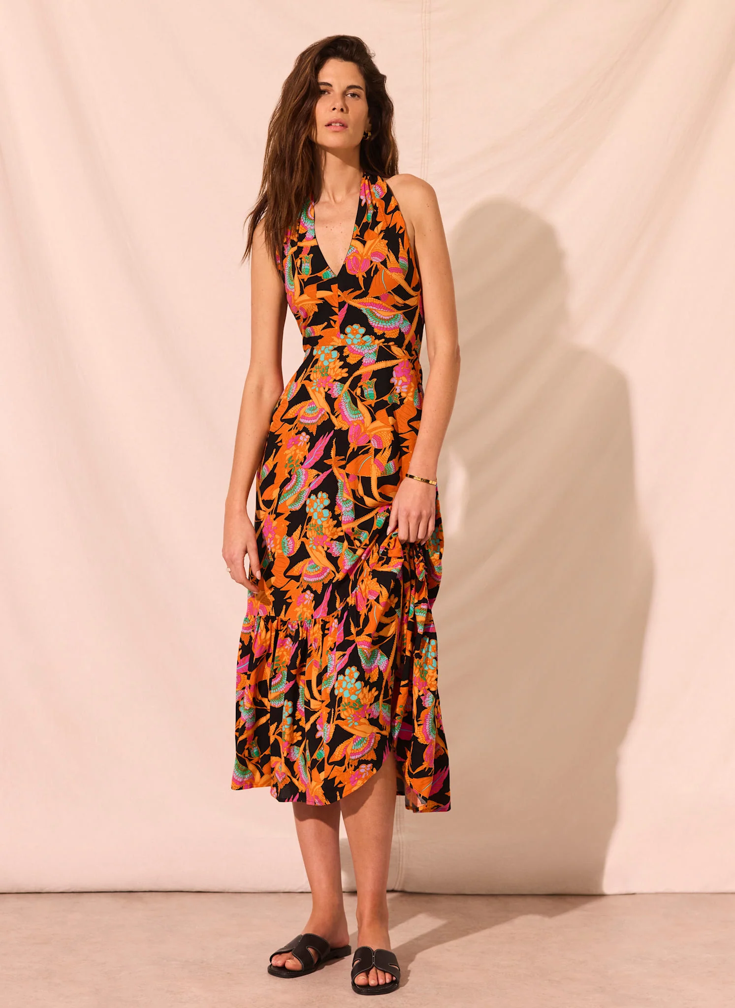1464-orange-floral-print-halter-midi-dress-5.webp Orange Floral Print Halter Midi Dress