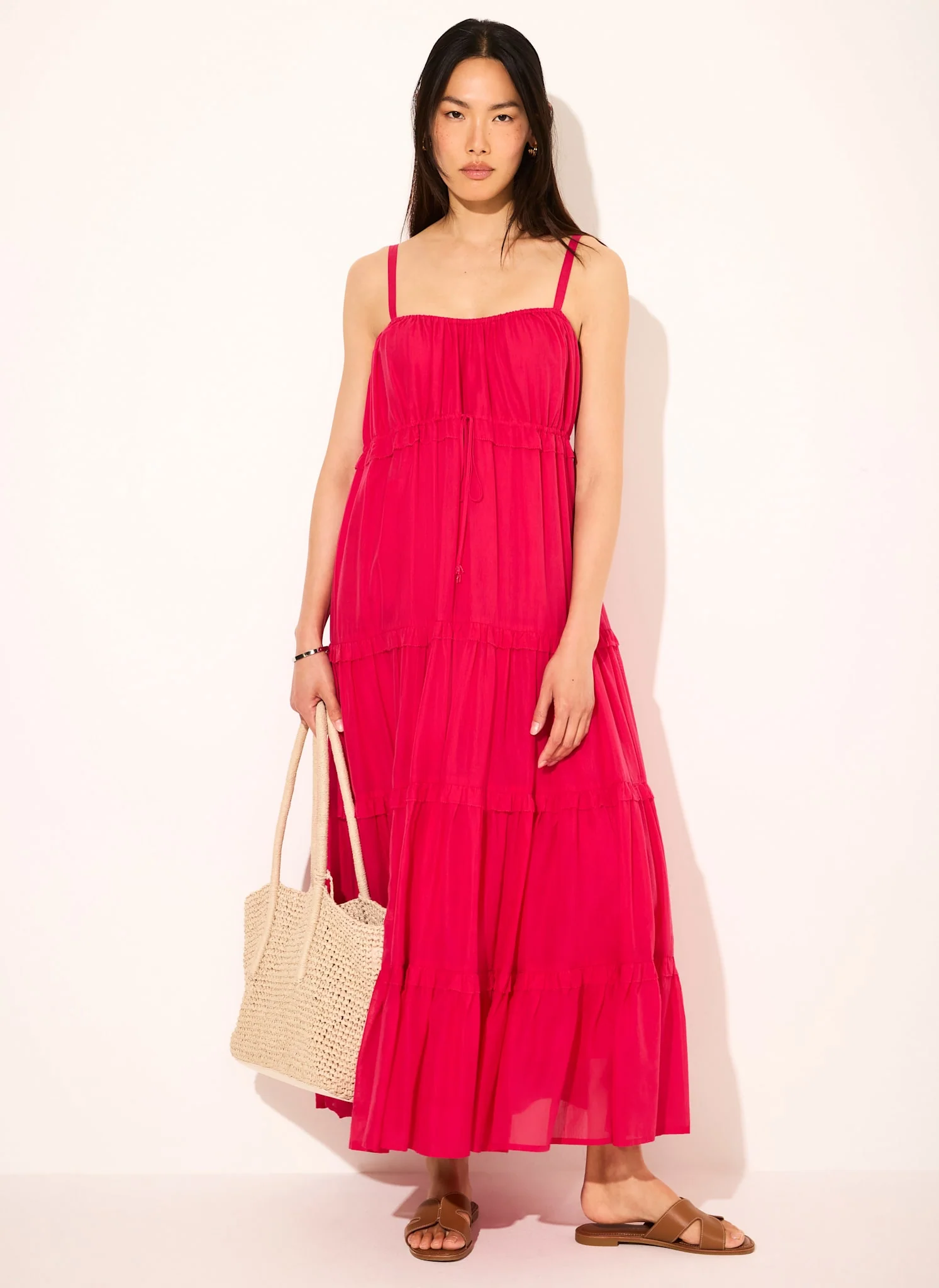 1478-pink-cotton-blend-tiered-maxi-dress-1.webp Pink Cotton Blend Tiered Maxi Dress