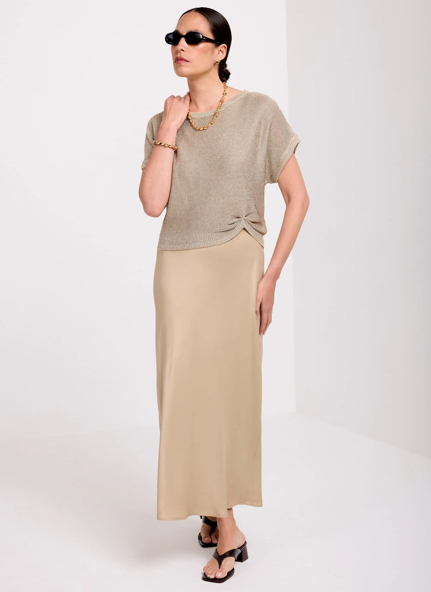 Gold Metallic Woven Mix Midi Dress