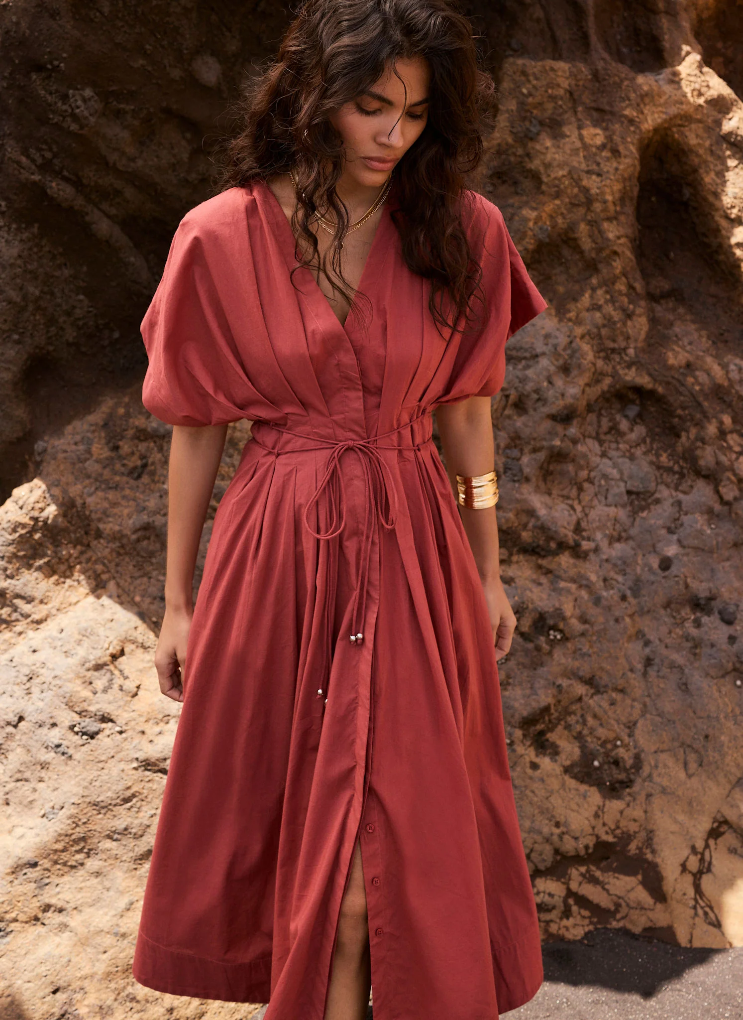 Rust Red Cotton Tie Waist Midi Dress