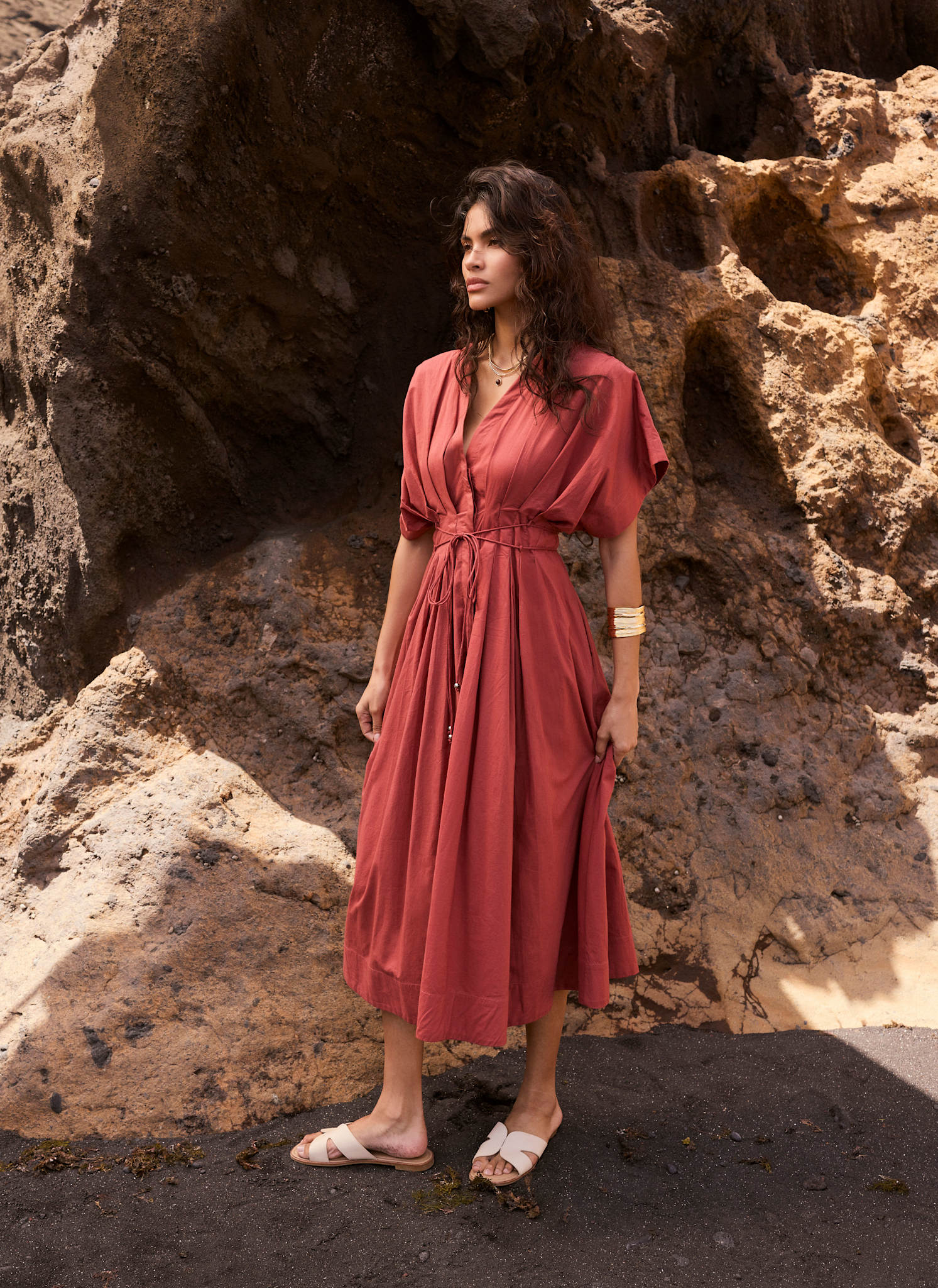 Rust Red Cotton Tie Waist Midi Dress