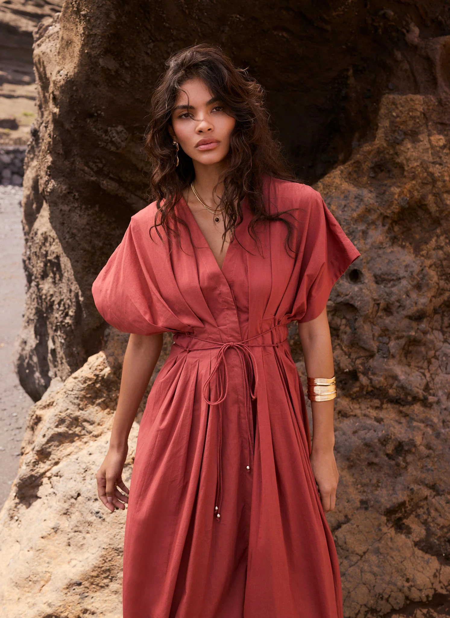 Rust Red Cotton Tie Waist Midi Dress