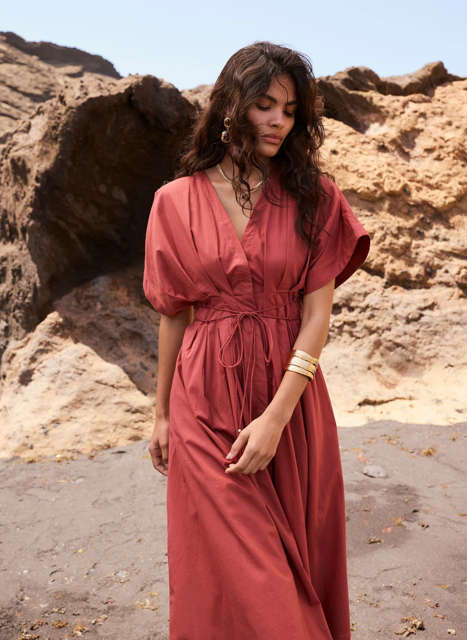 Rust Red Cotton Tie Waist Midi Dress
