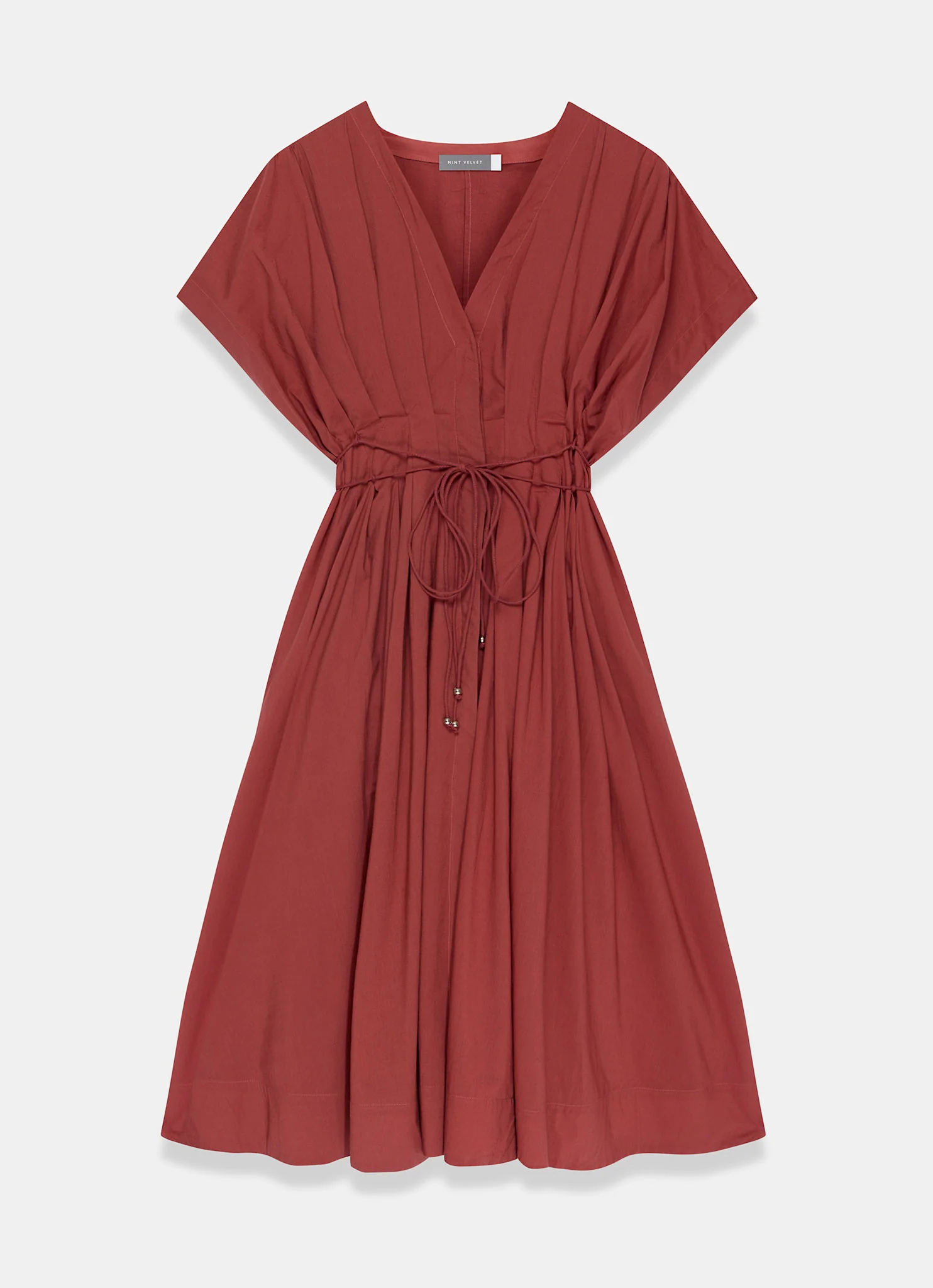 Rust Red Cotton Tie Waist Midi Dress