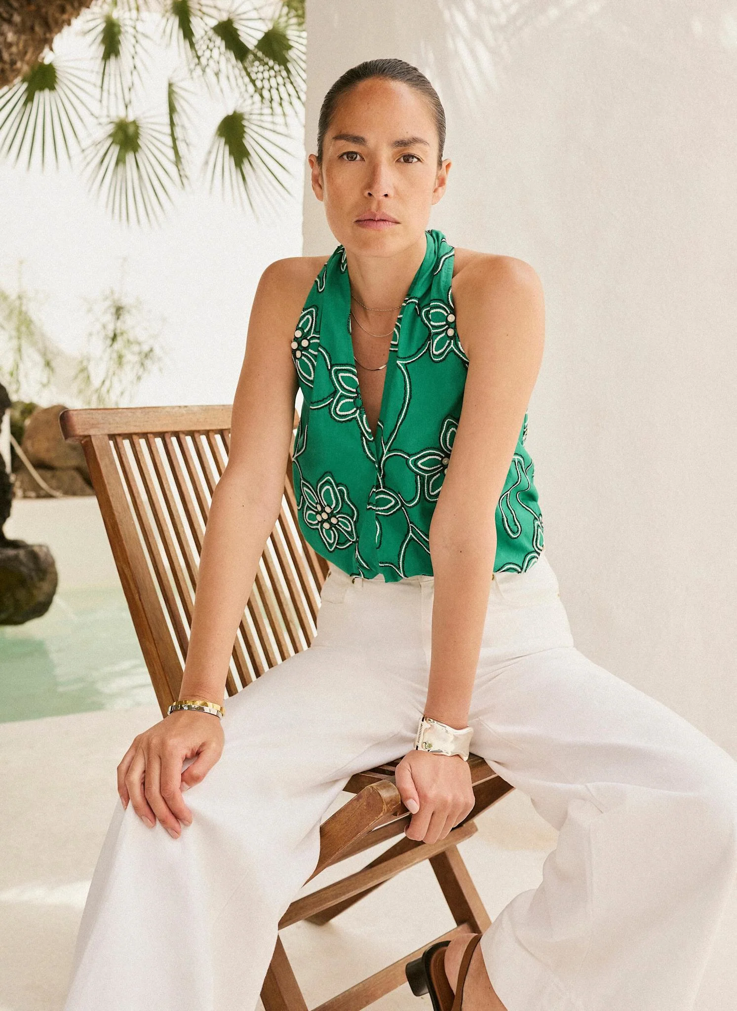 Green Cotton Floral Embroidered Halter Top