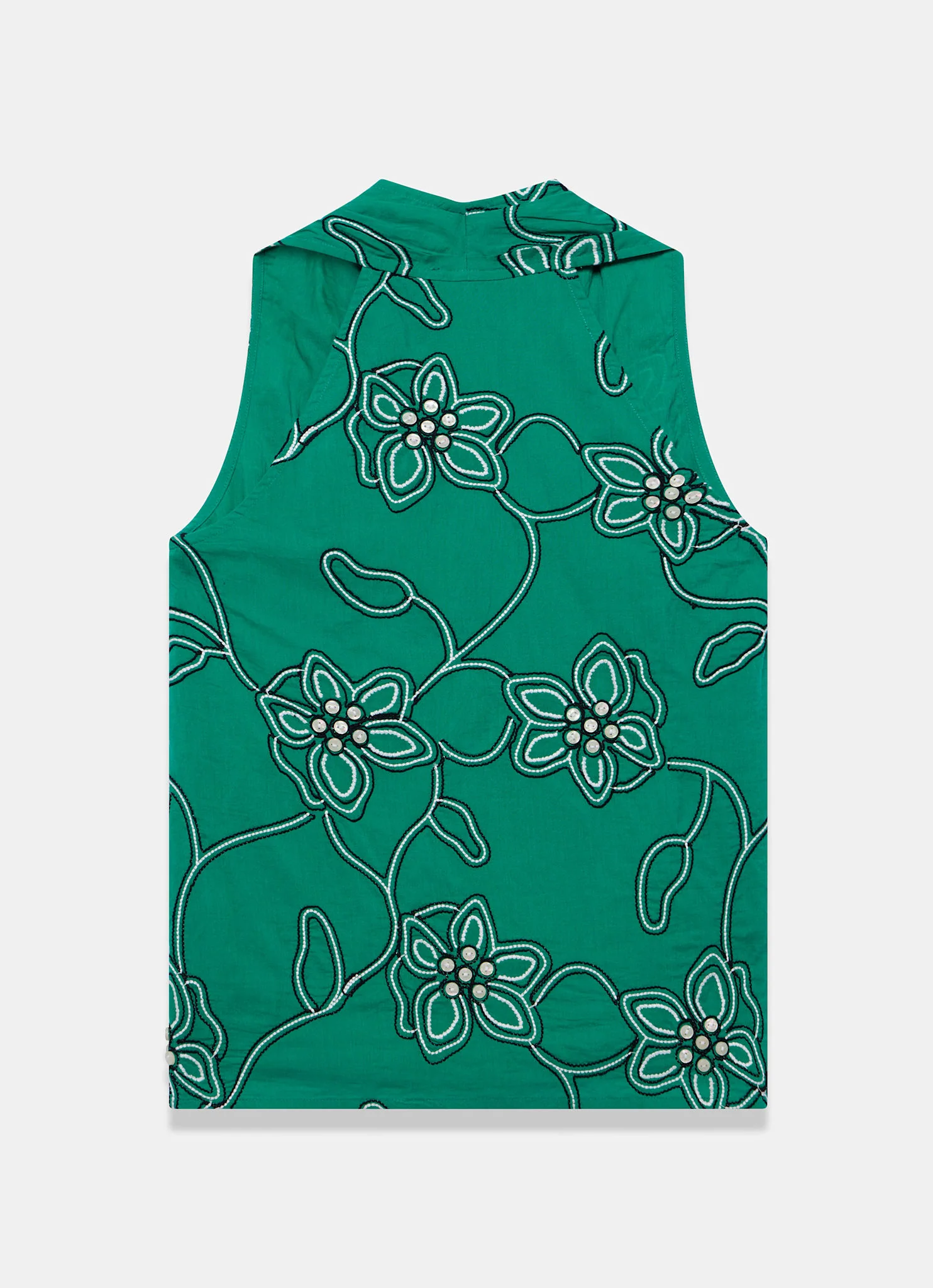 Green Cotton Floral Embroidered Halter Top