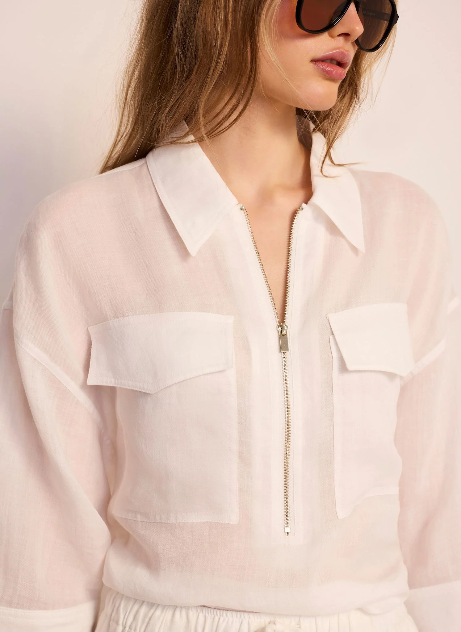 White Ramie Zip Bomber Blouse