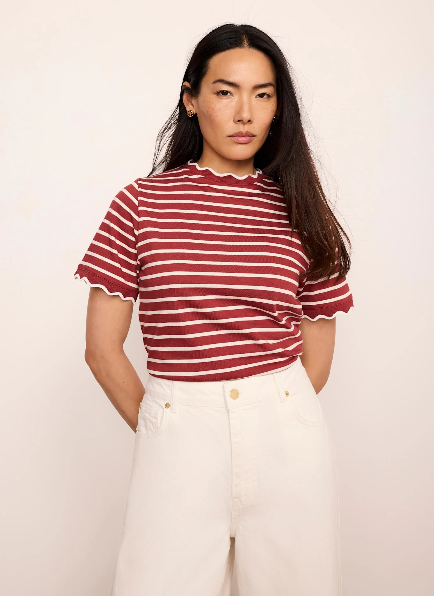 1648-brown-cotton-striped-scallop-t-shirt-1.webp Brown Cotton Striped Scallop T-Shirt