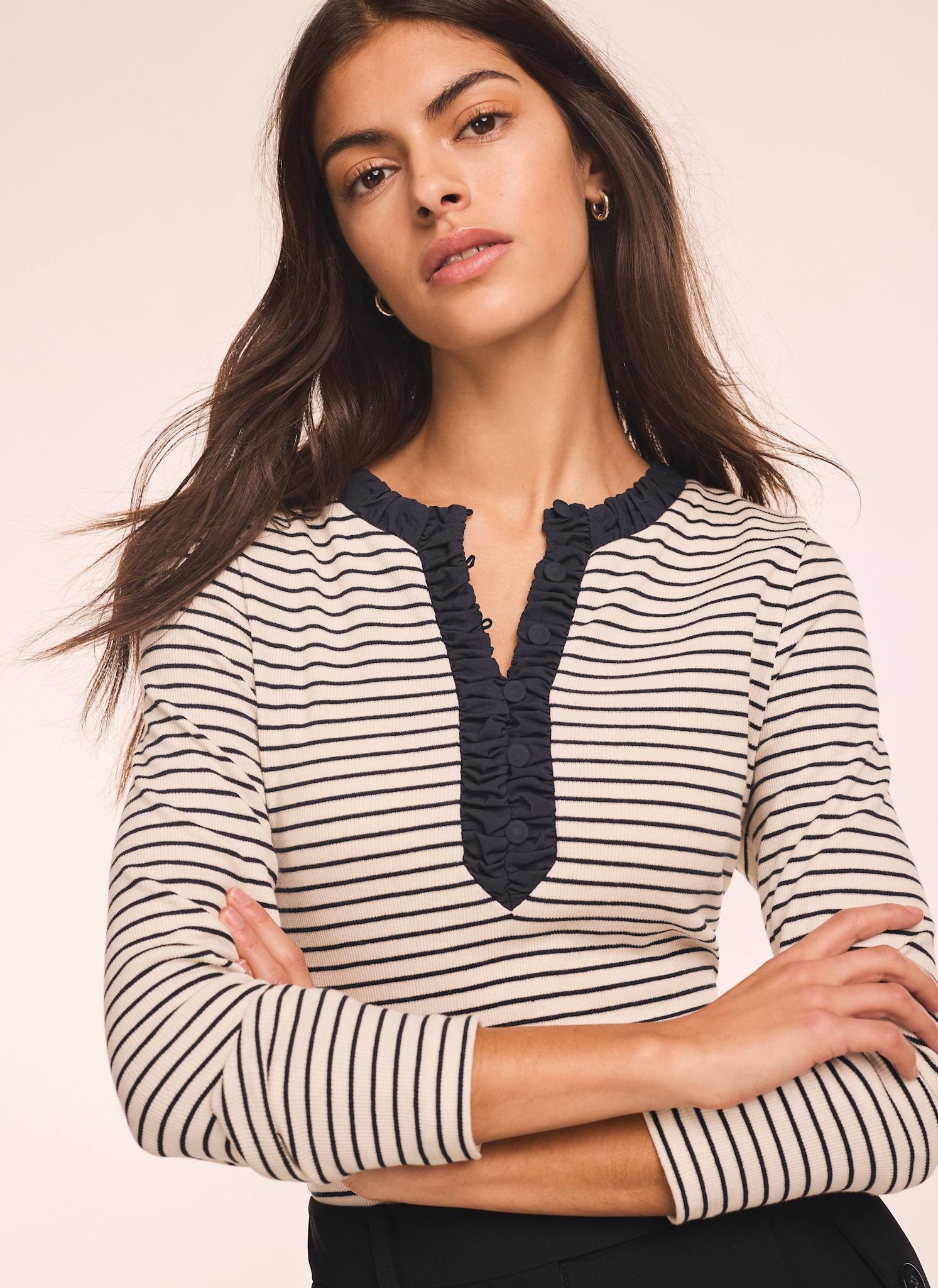 1710-striped-cotton-blend-ruched-henley-top-2.jpg Striped Cotton Blend Ruched Henley Top