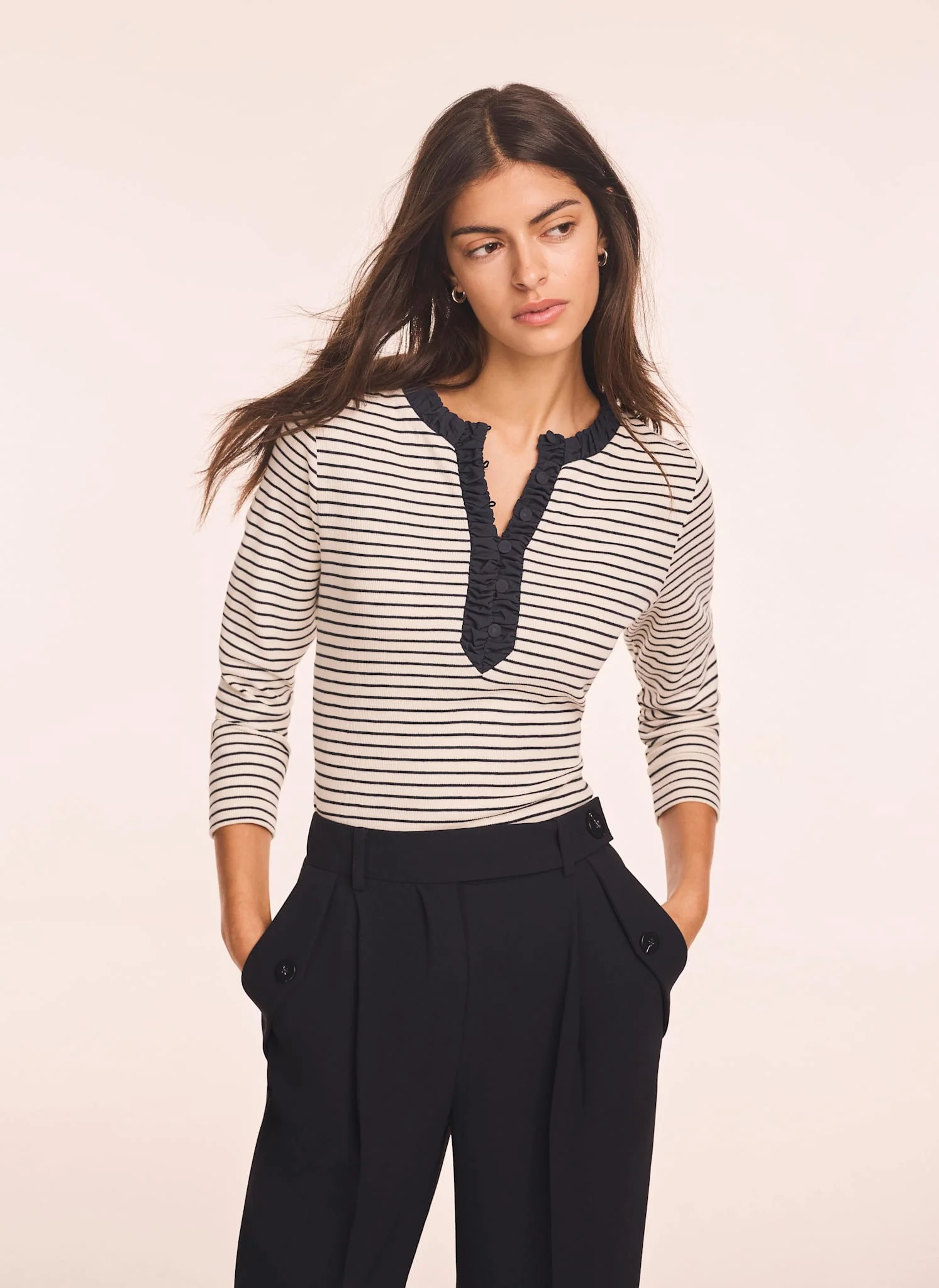 1710-striped-cotton-blend-ruched-henley-top-3.webp Striped Cotton Blend Ruched Henley Top
