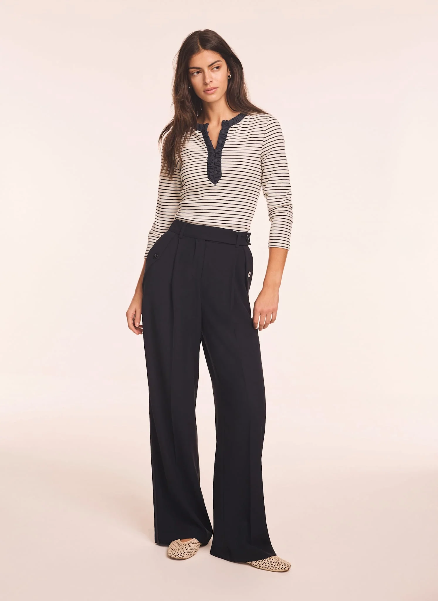 1710-striped-cotton-blend-ruched-henley-top-4.webp Striped Cotton Blend Ruched Henley Top