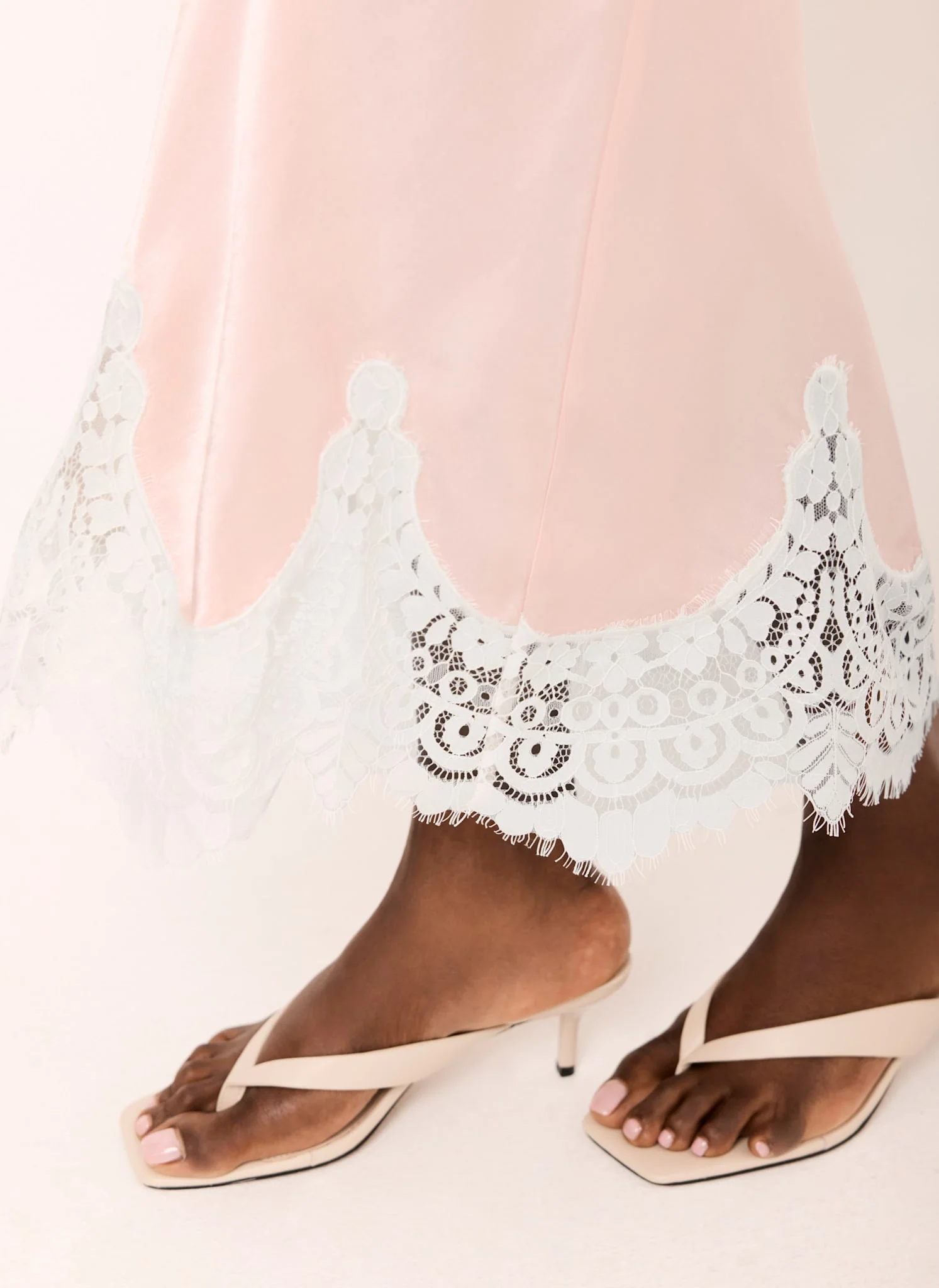 Pink Satin Lace Midi Skirt