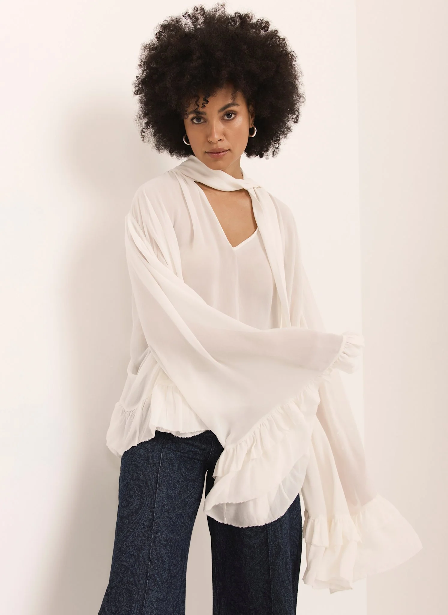 Cream Ruffle Tie Detail Blouse