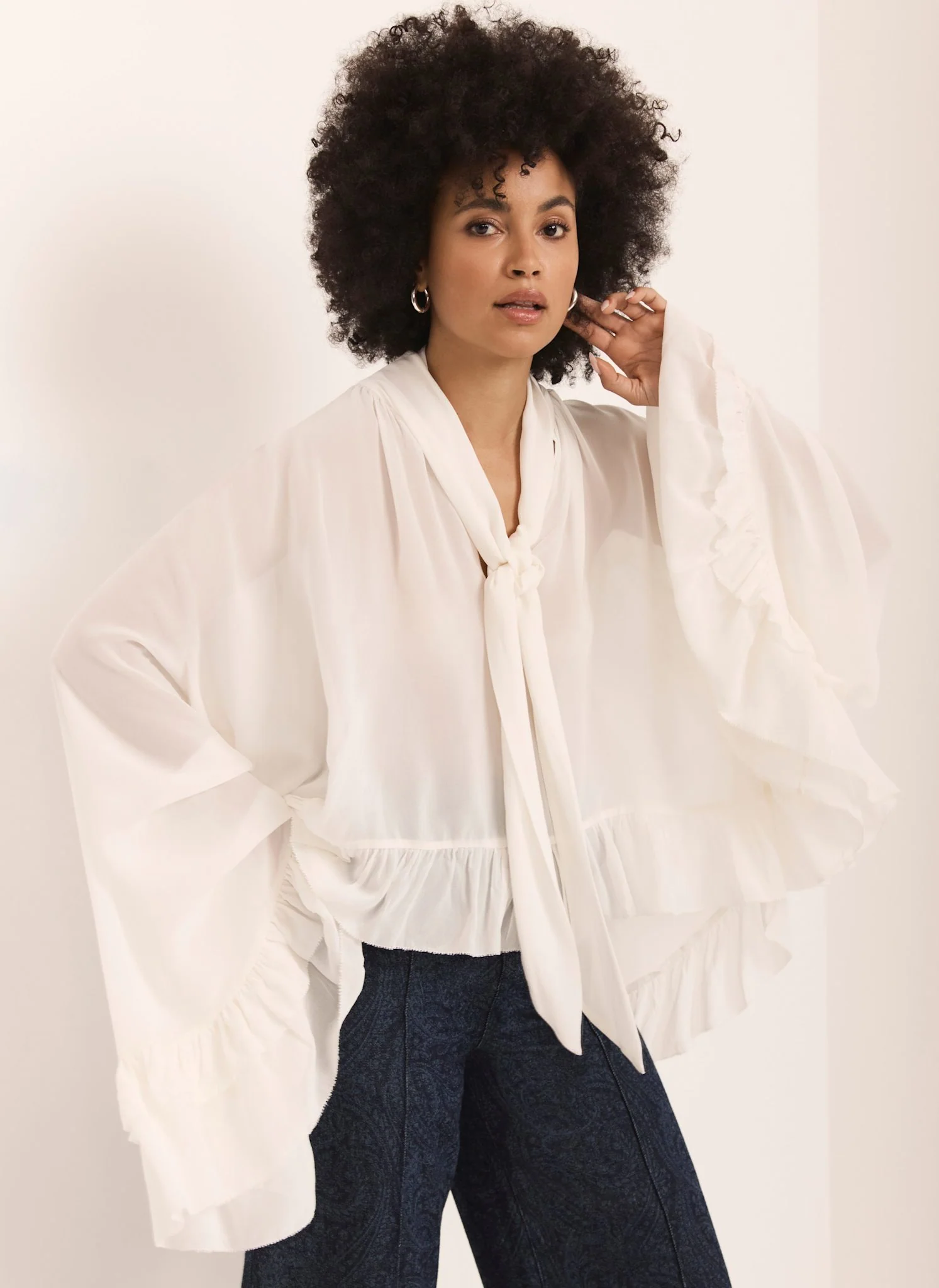 Cream Ruffle Tie Detail Blouse