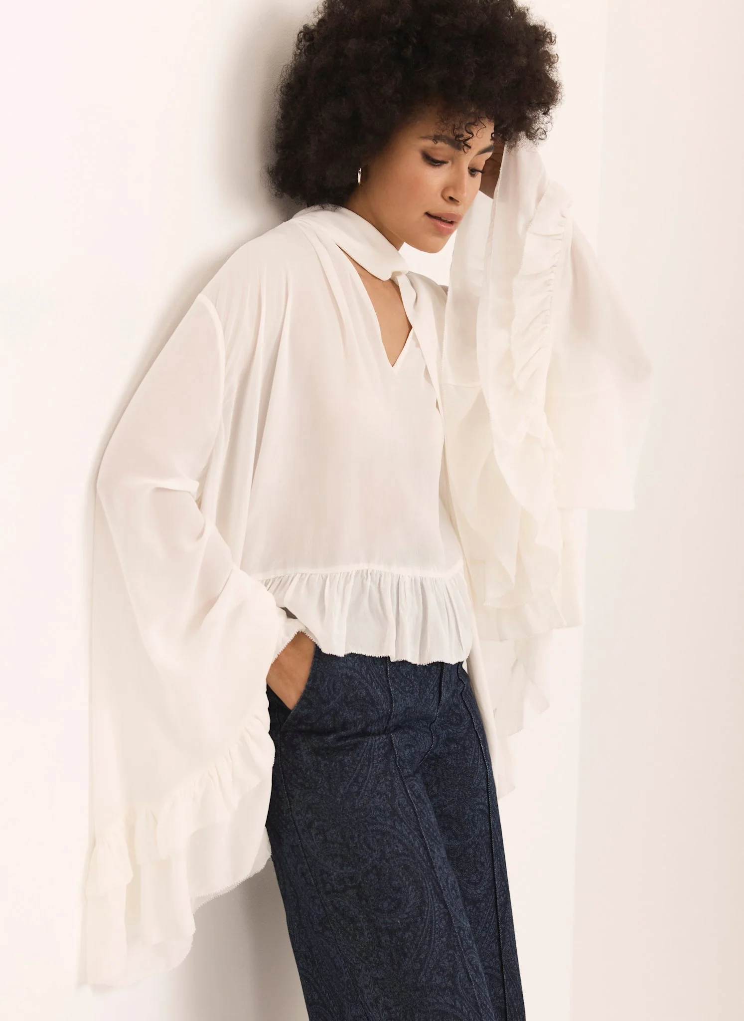 Cream Ruffle Tie Detail Blouse