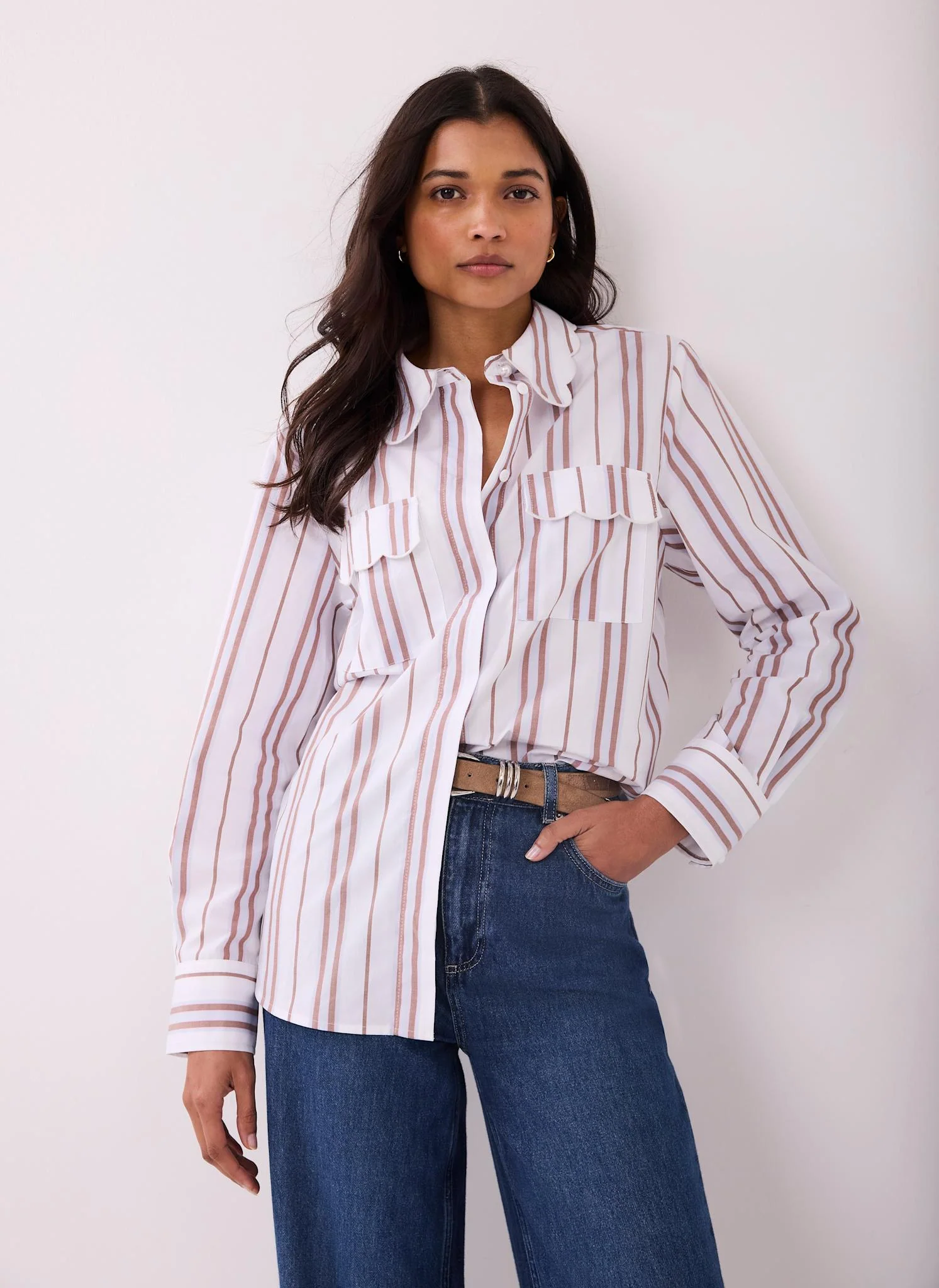 1896-brown-striped-cotton-scallop-detail-shirt-1.webp Brown Striped Cotton Scallop Detail Shirt
