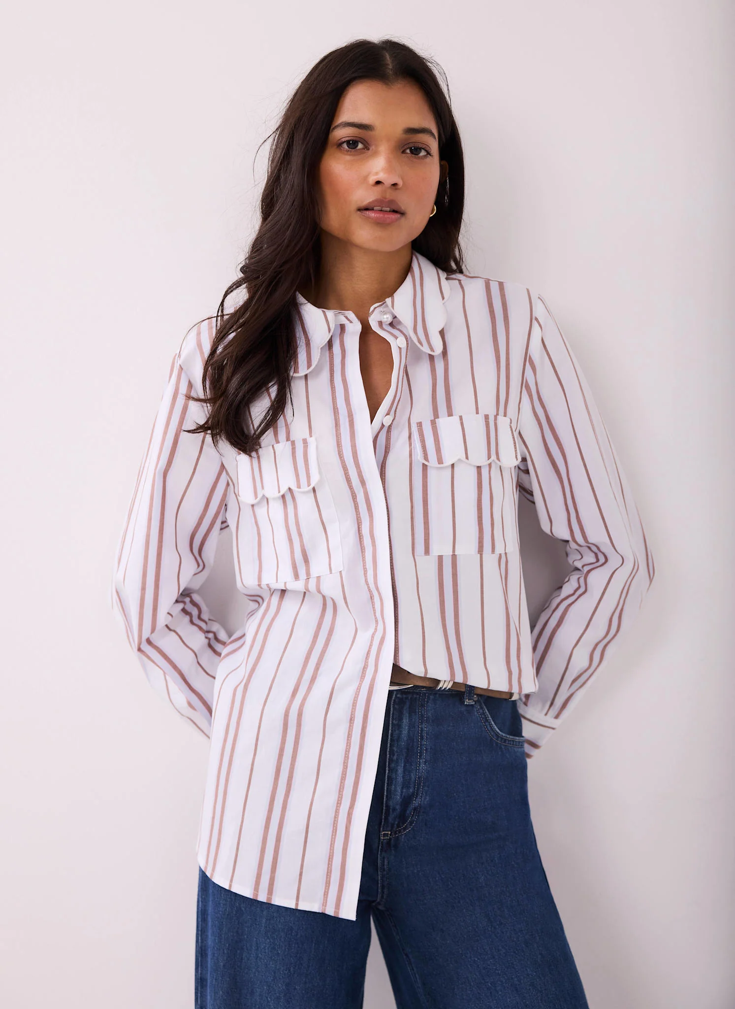 1896-brown-striped-cotton-scallop-detail-shirt-2.webp Brown Striped Cotton Scallop Detail Shirt