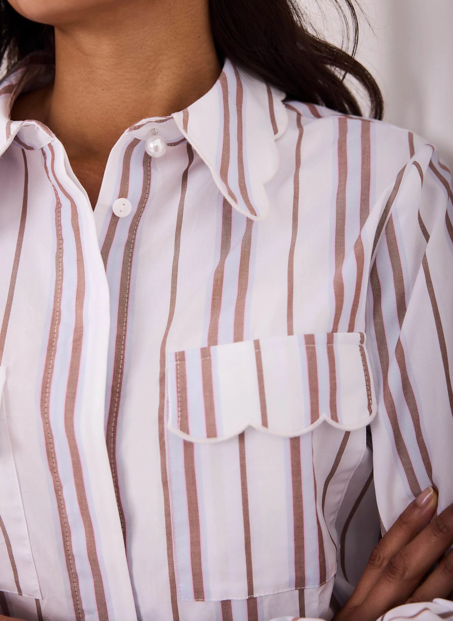 1896-brown-striped-cotton-scallop-detail-shirt-3.webp Brown Striped Cotton Scallop Detail Shirt