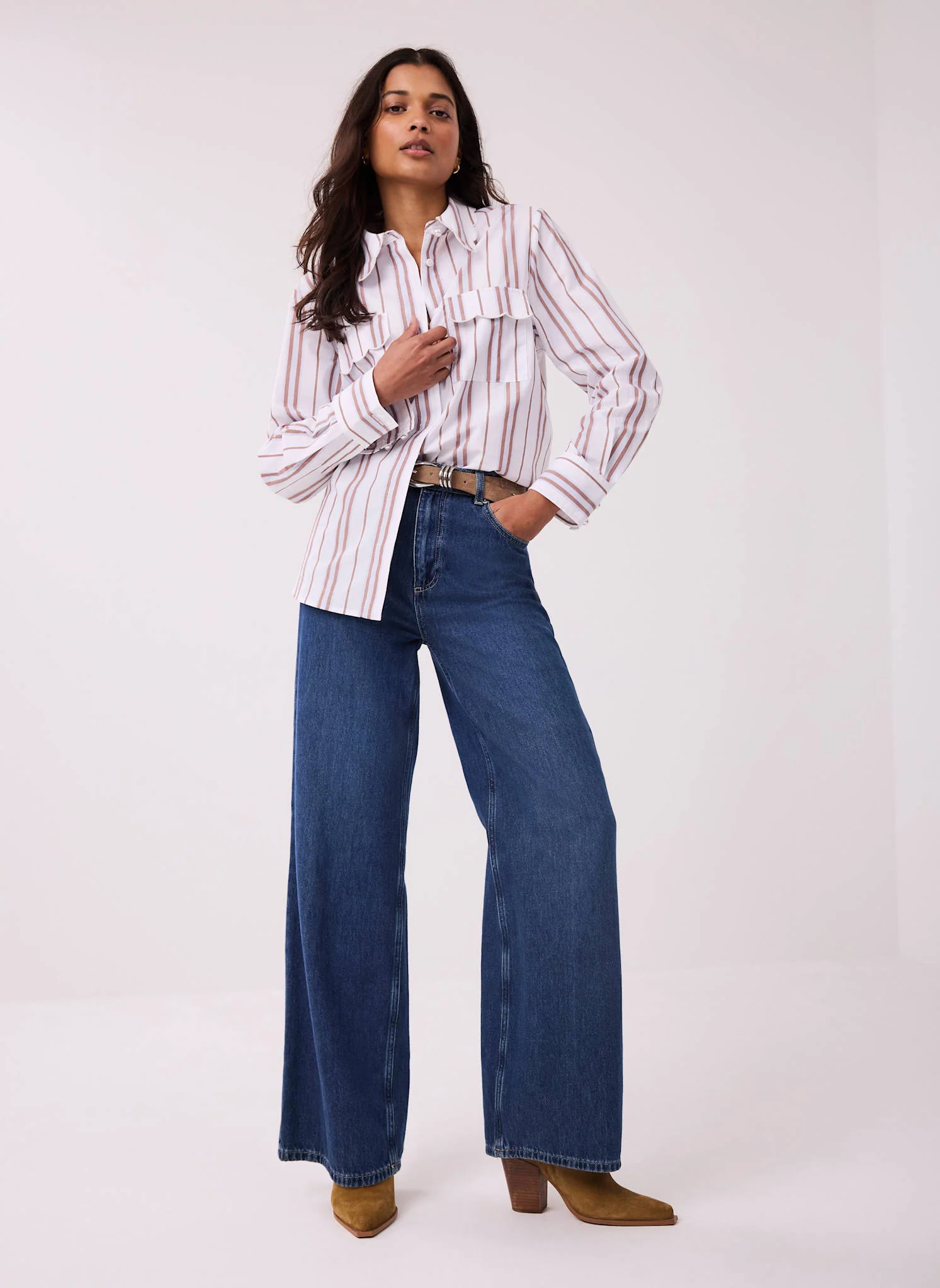 1896-brown-striped-cotton-scallop-detail-shirt-4.webp Brown Striped Cotton Scallop Detail Shirt