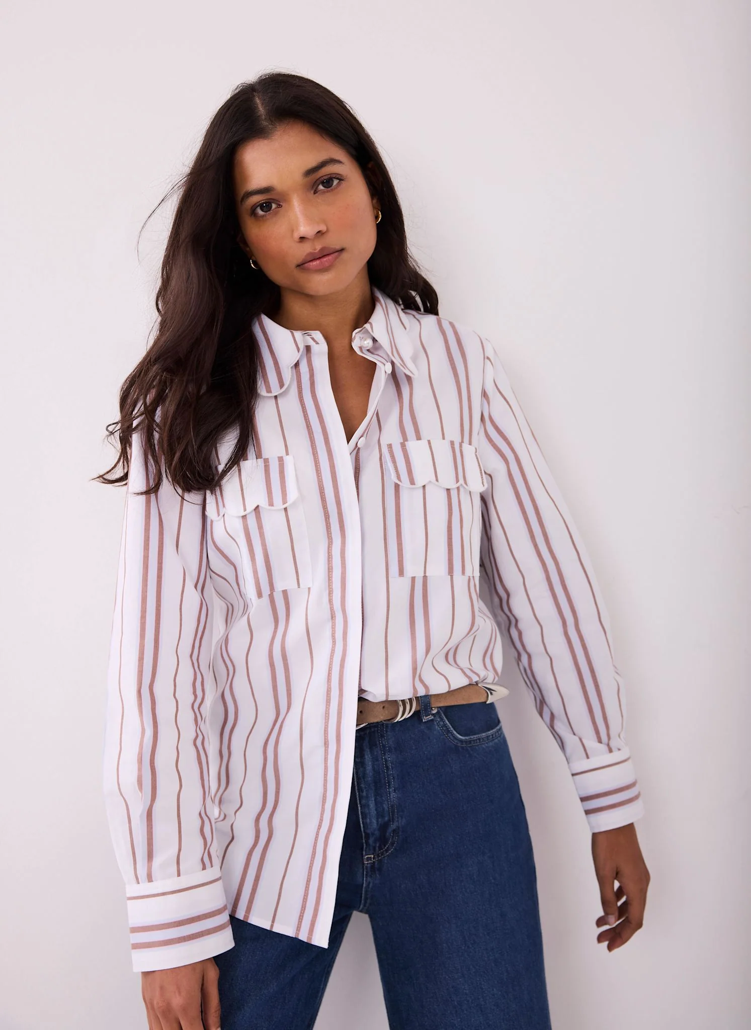 1896-brown-striped-cotton-scallop-detail-shirt-5.webp Brown Striped Cotton Scallop Detail Shirt