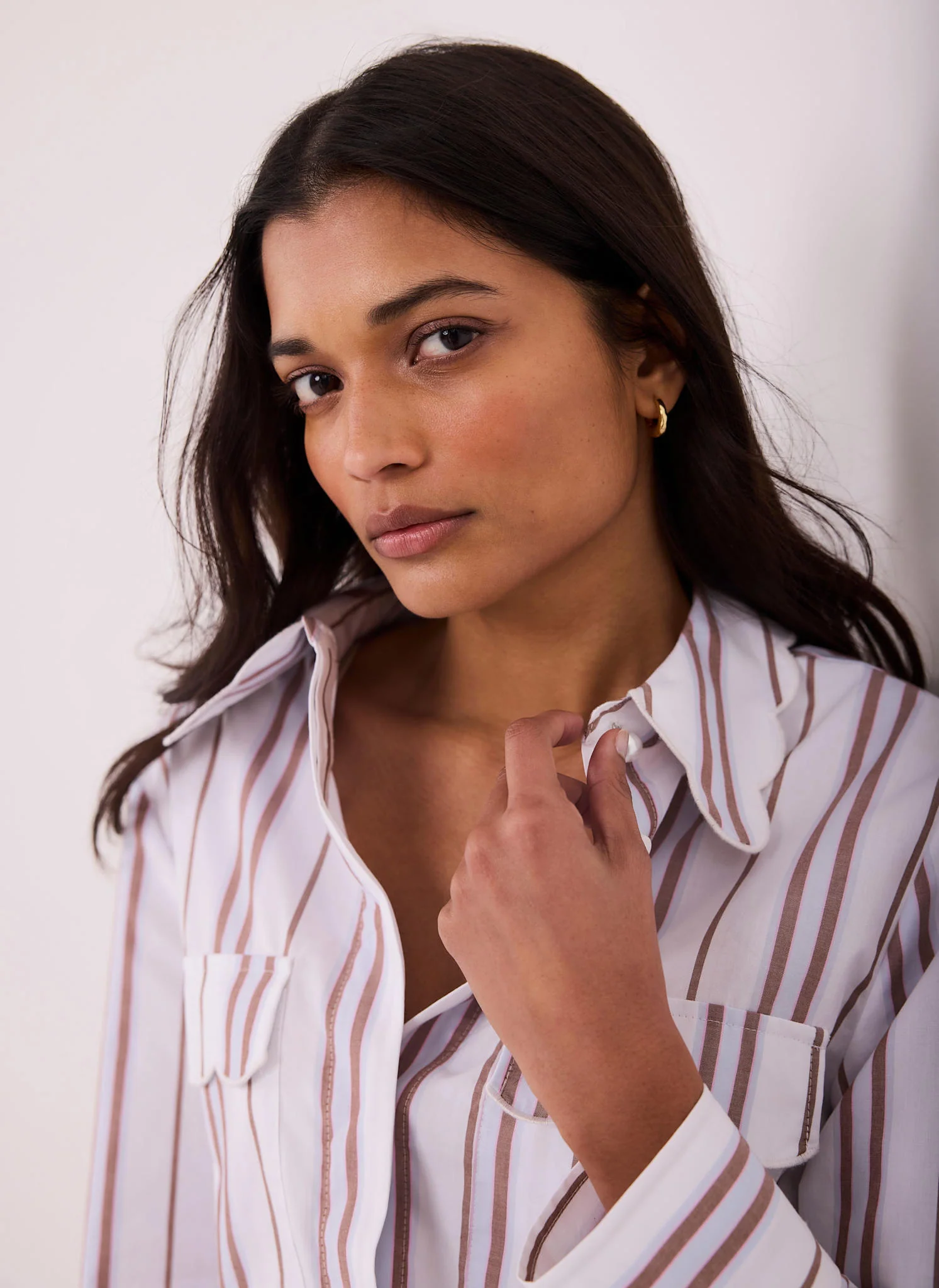 1896-brown-striped-cotton-scallop-detail-shirt-6.webp Brown Striped Cotton Scallop Detail Shirt