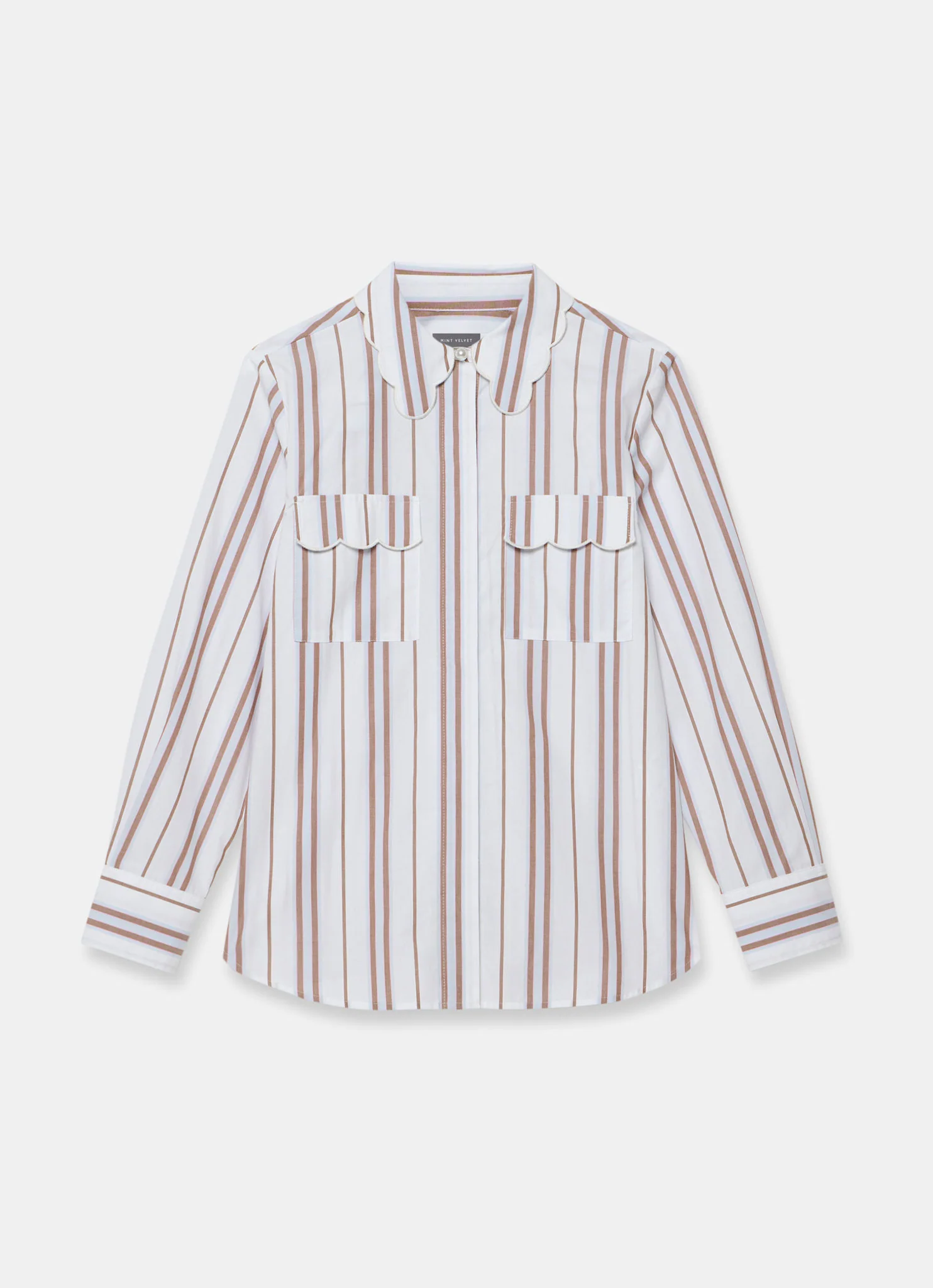 1896-brown-striped-cotton-scallop-detail-shirt-7.webp Brown Striped Cotton Scallop Detail Shirt
