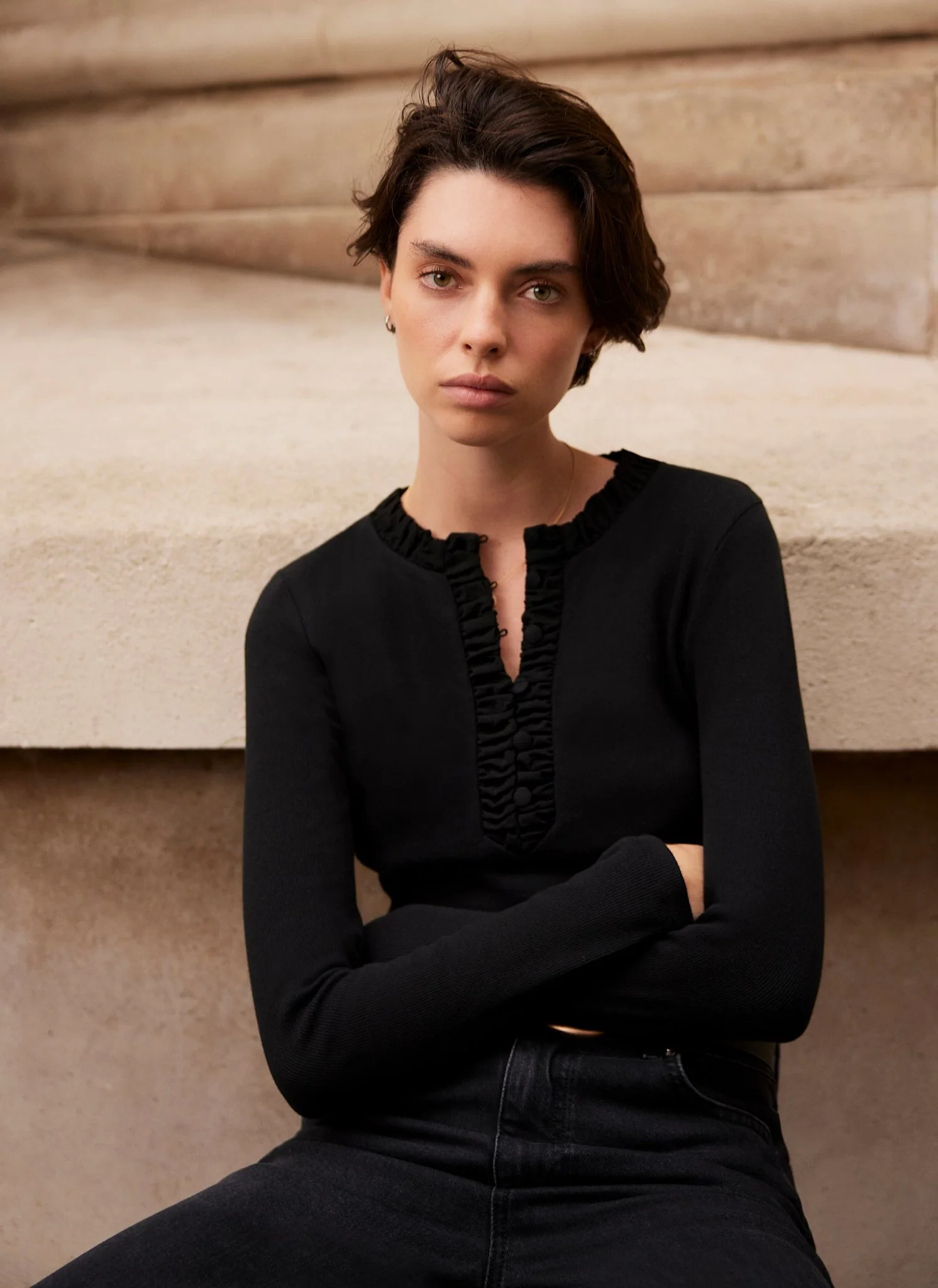 1914-black-ruched-cotton-blend-henley-top-1.webp Black Ruched Cotton Blend Henley Top