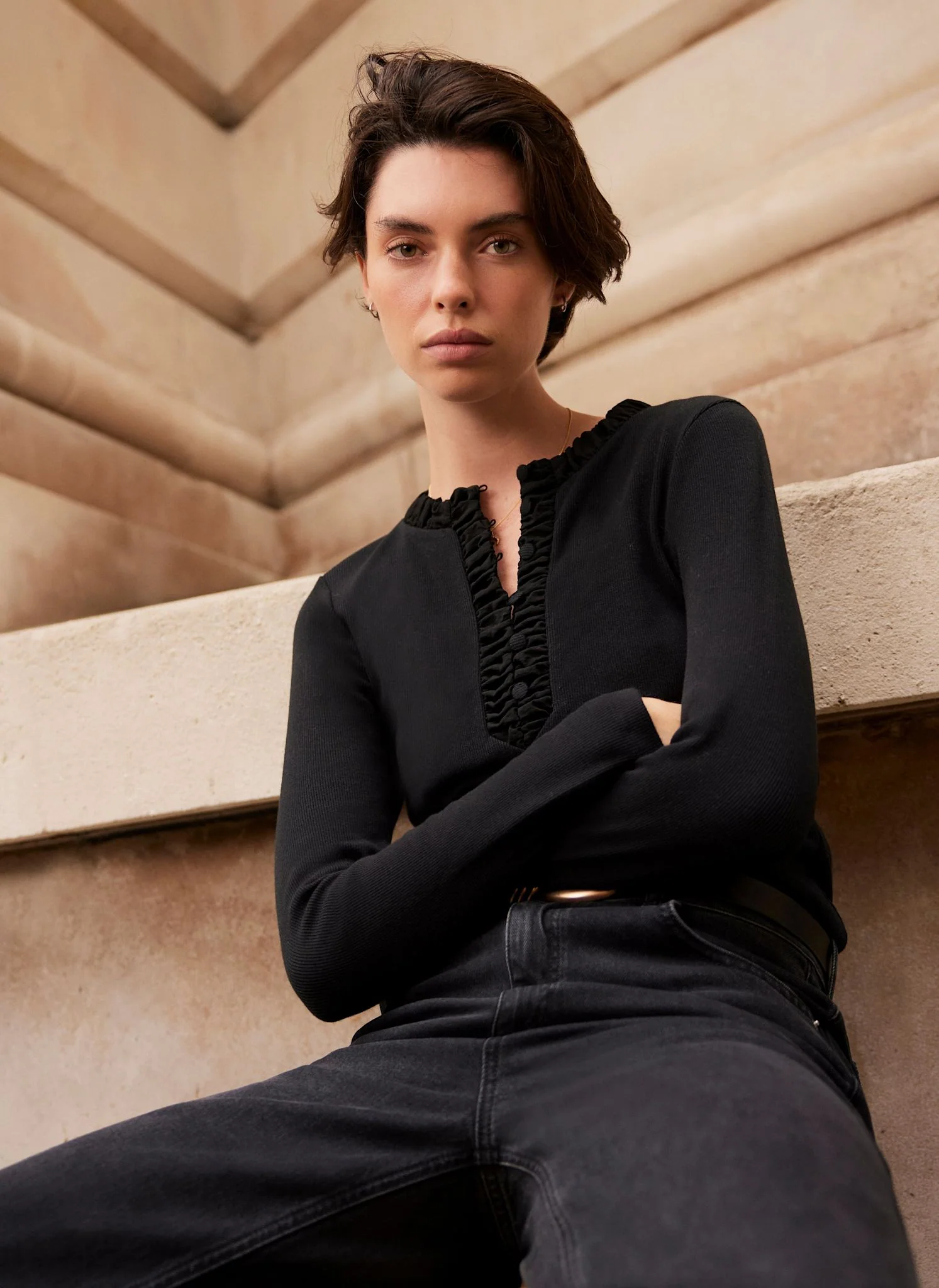 1914-black-ruched-cotton-blend-henley-top-2.webp Black Ruched Cotton Blend Henley Top