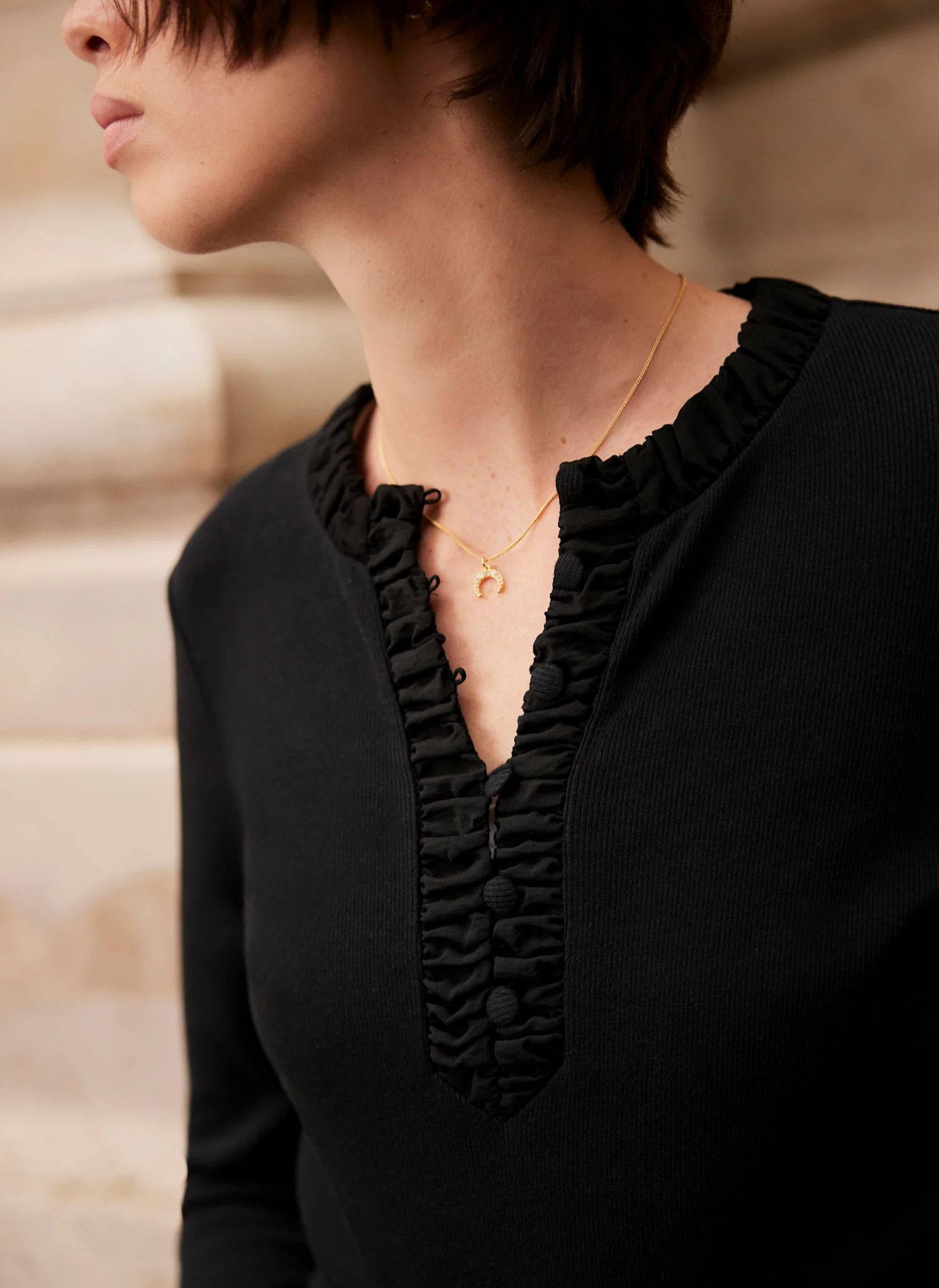1914-black-ruched-cotton-blend-henley-top-4.webp Black Ruched Cotton Blend Henley Top