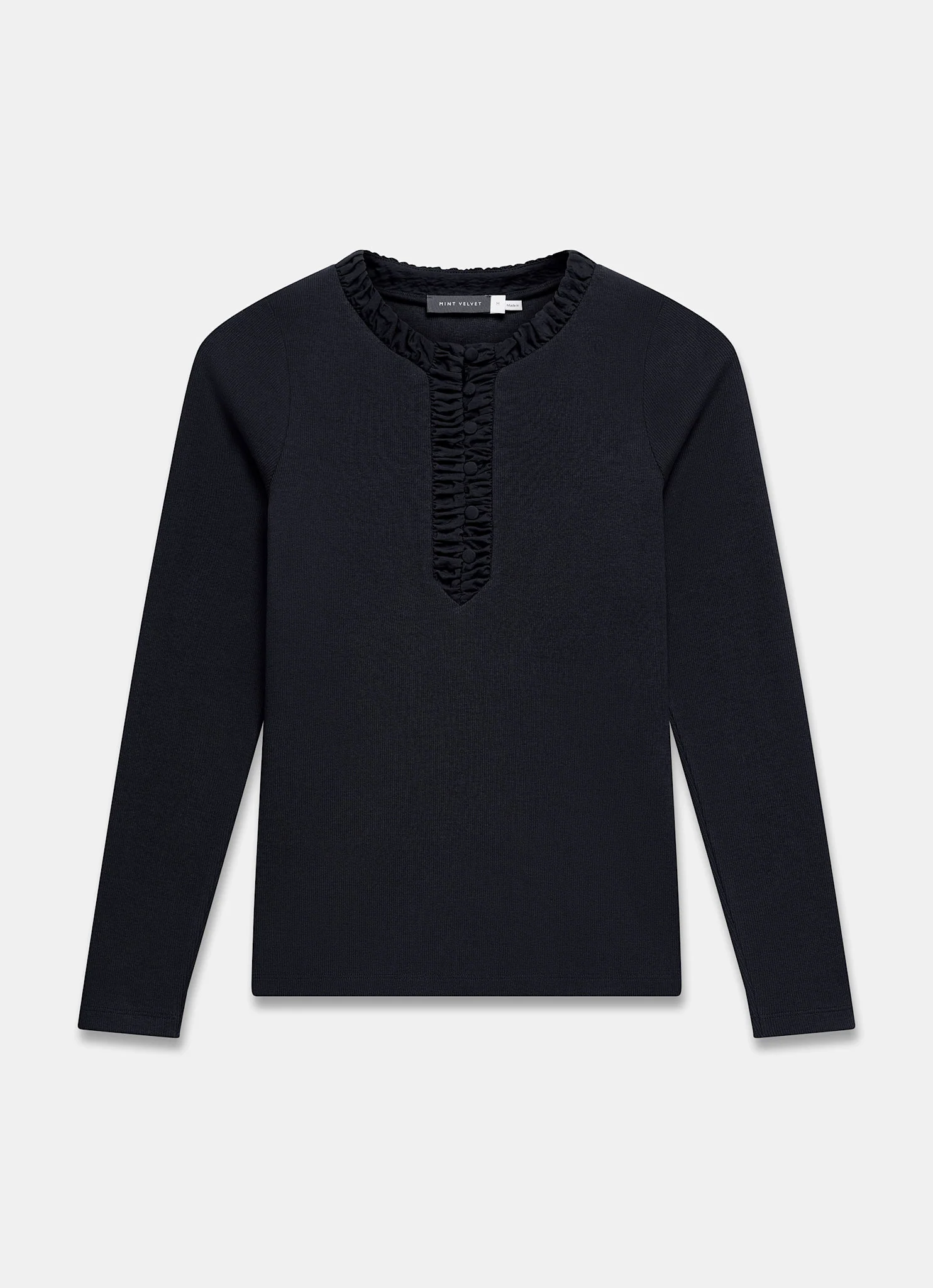 1914-black-ruched-cotton-blend-henley-top-6.webp Black Ruched Cotton Blend Henley Top