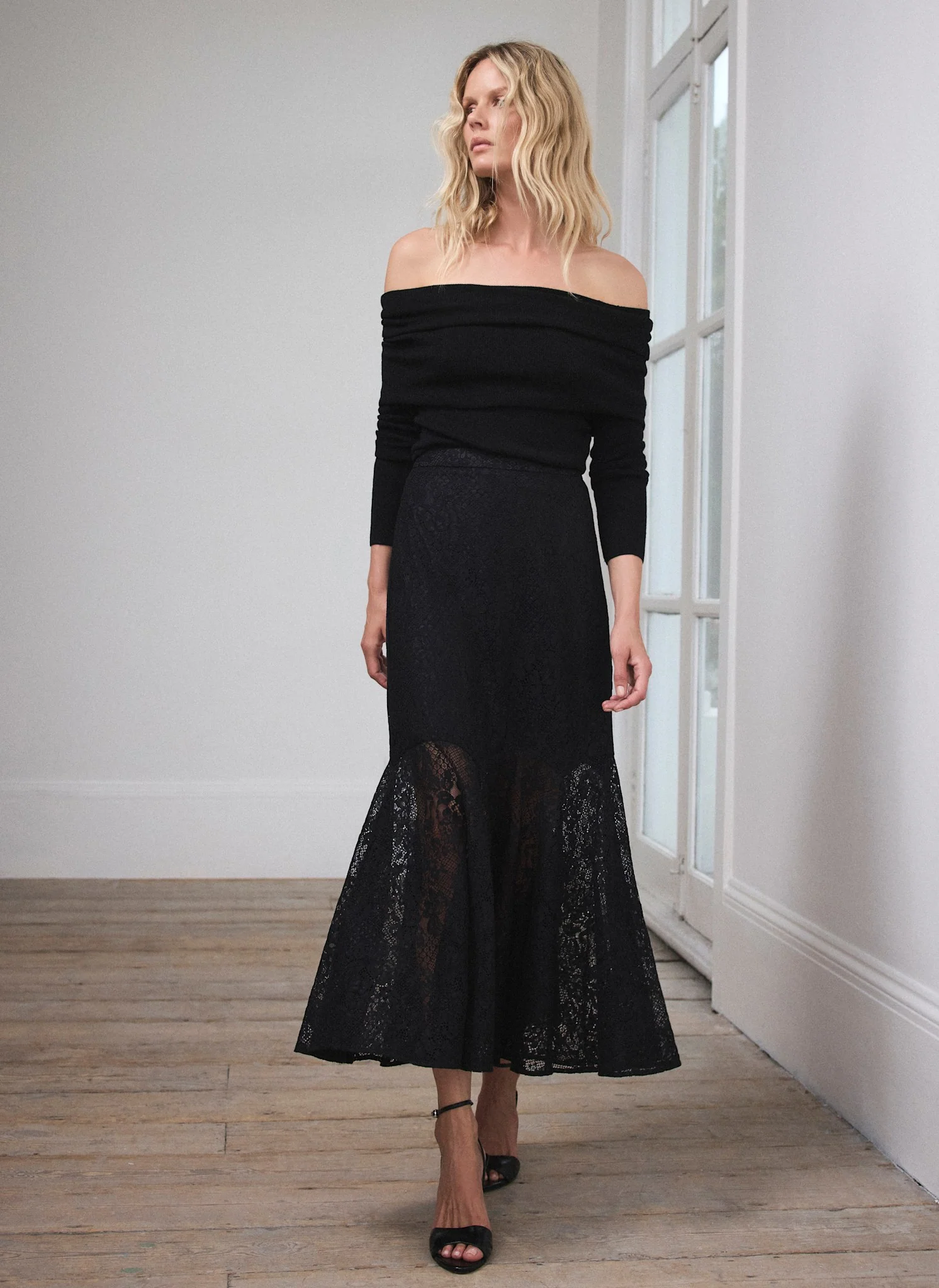 Black Lace Fluted Sheer Midi Skirt
