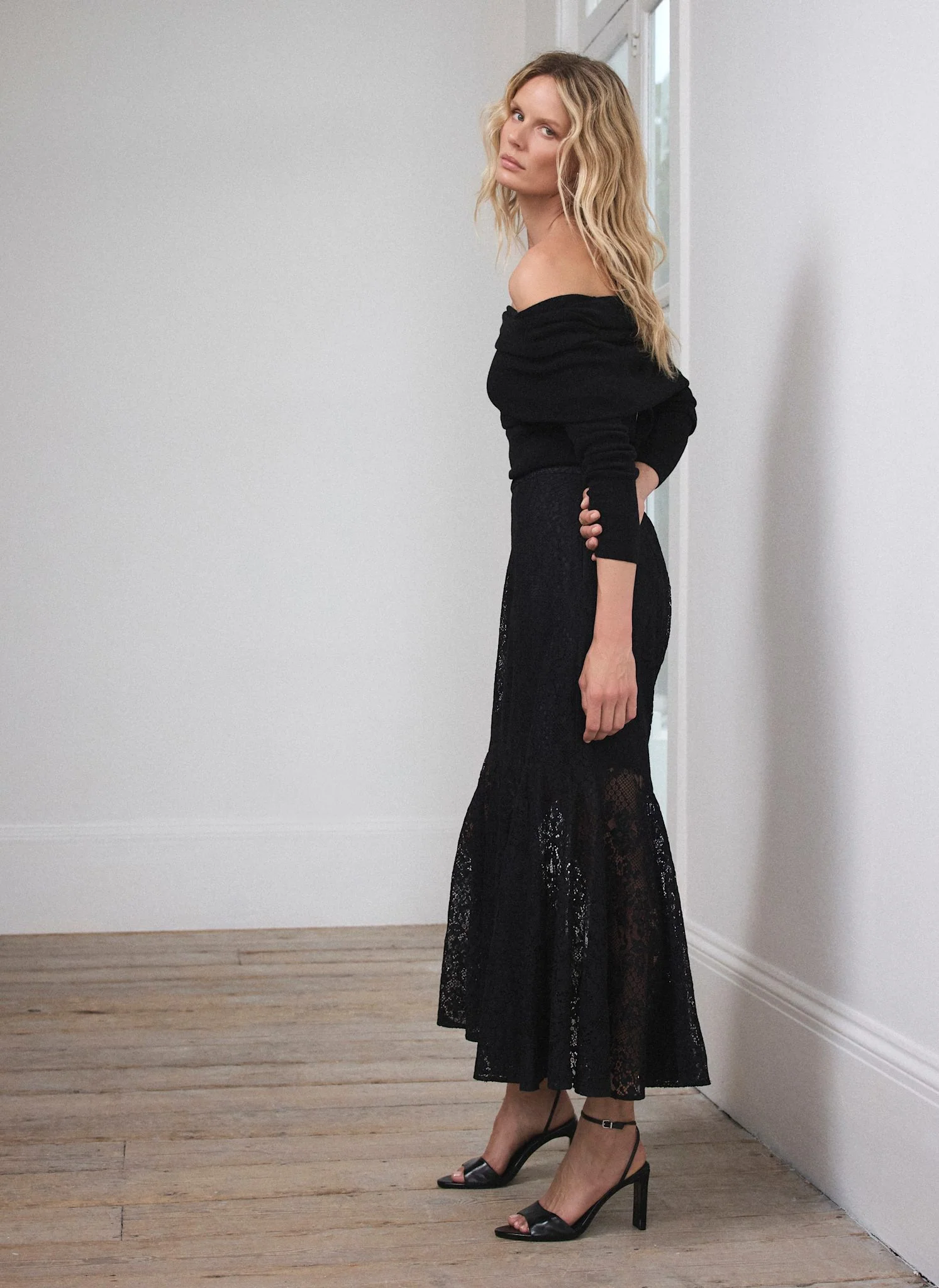 Black Lace Fluted Sheer Midi Skirt
