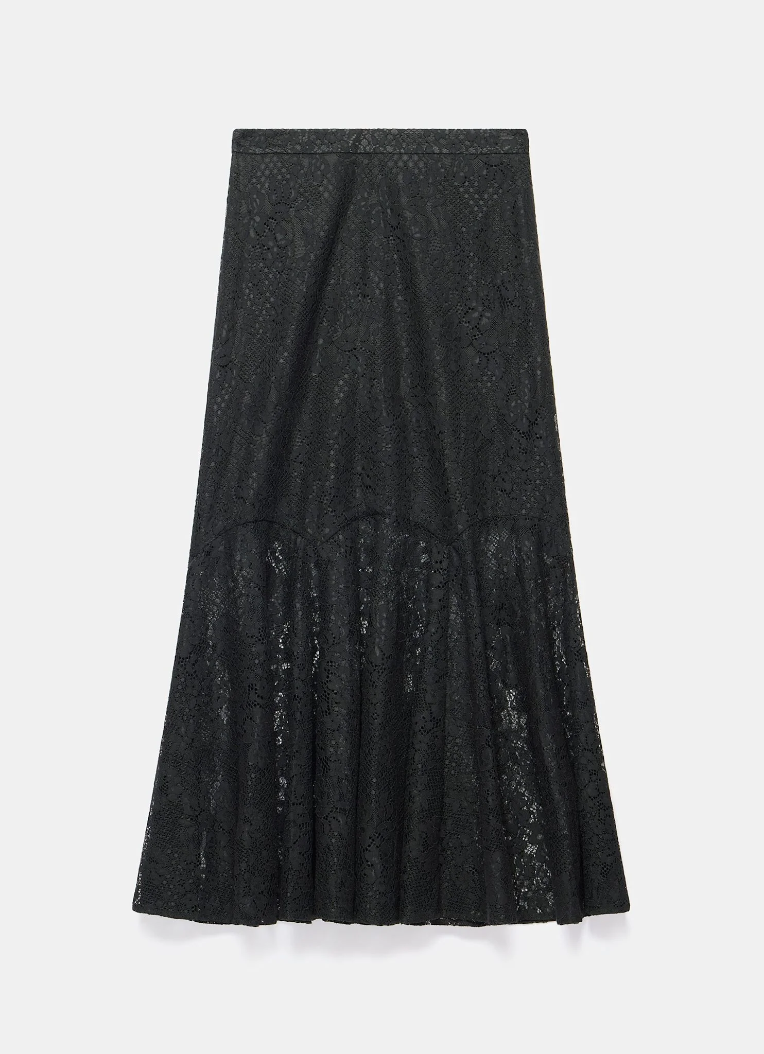 Black Lace Fluted Sheer Midi Skirt