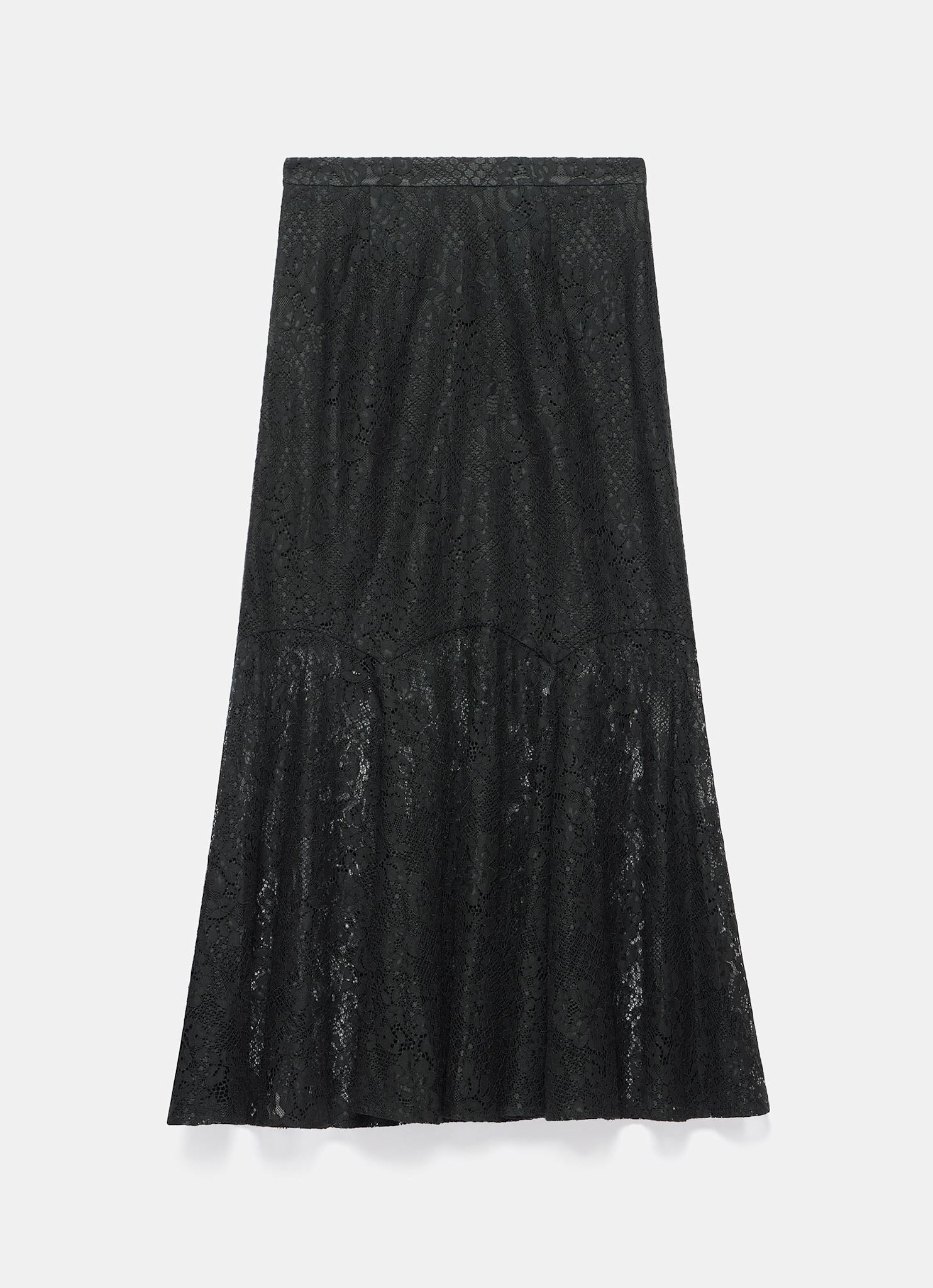 Black Lace Fluted Sheer Midi Skirt
