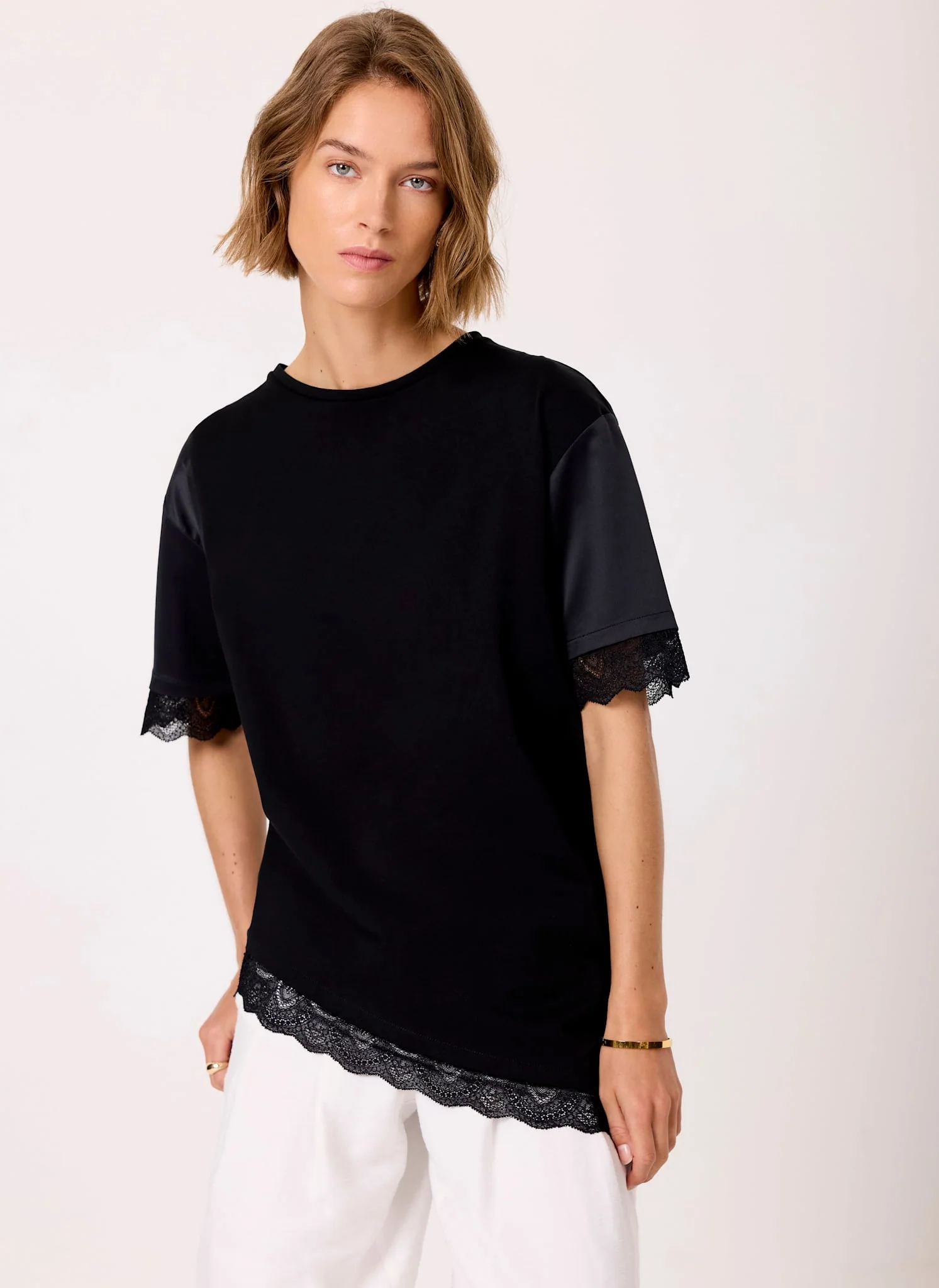 Black Satin Mix Lace Trim Top