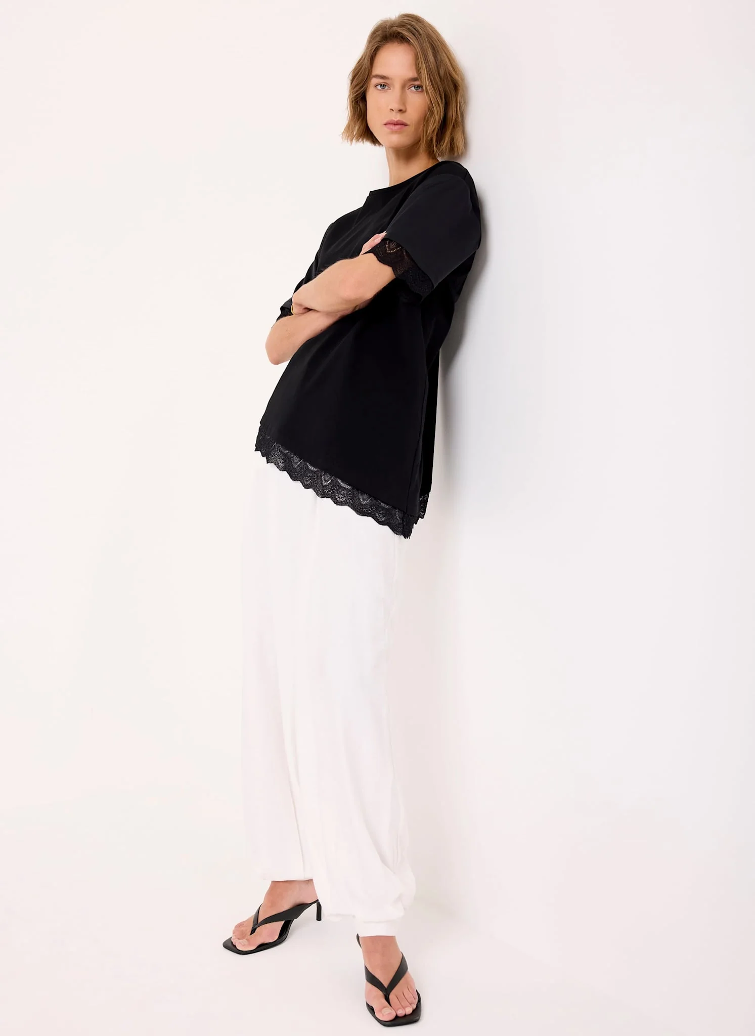 Black Satin Mix Lace Trim Top