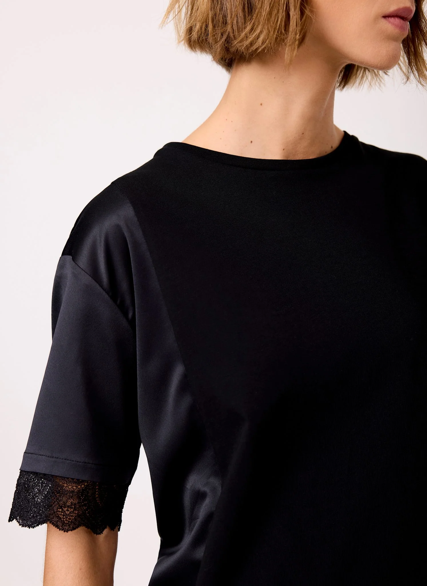 Black Satin Mix Lace Trim Top