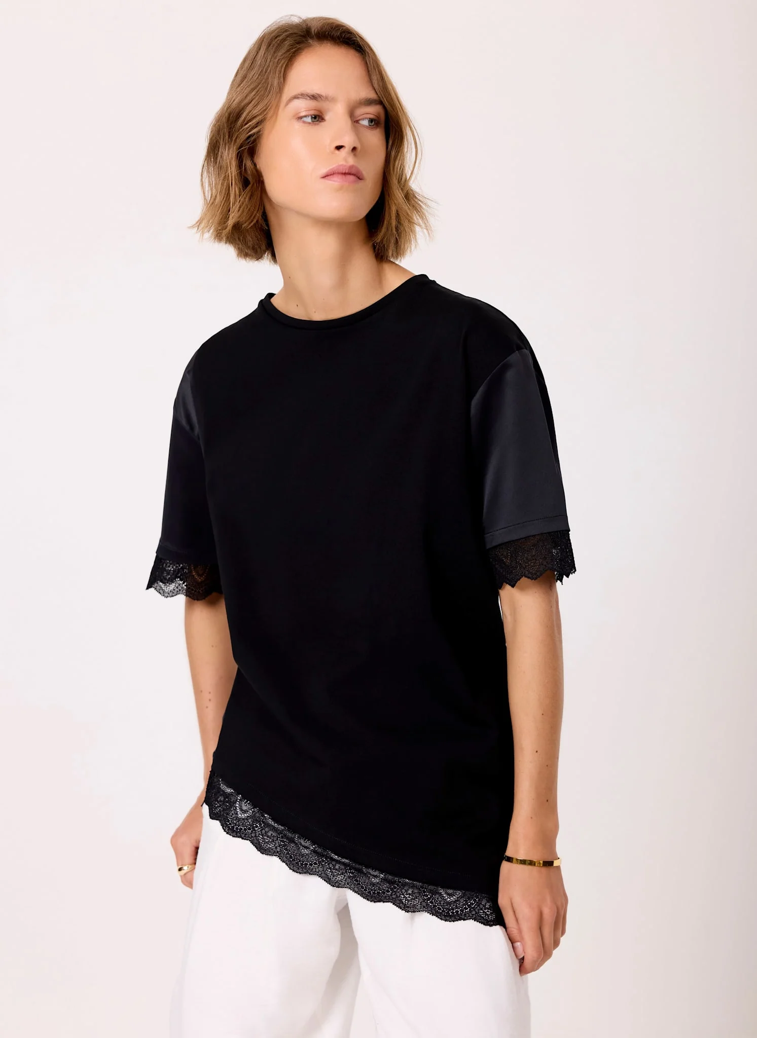Black Satin Mix Lace Trim Top
