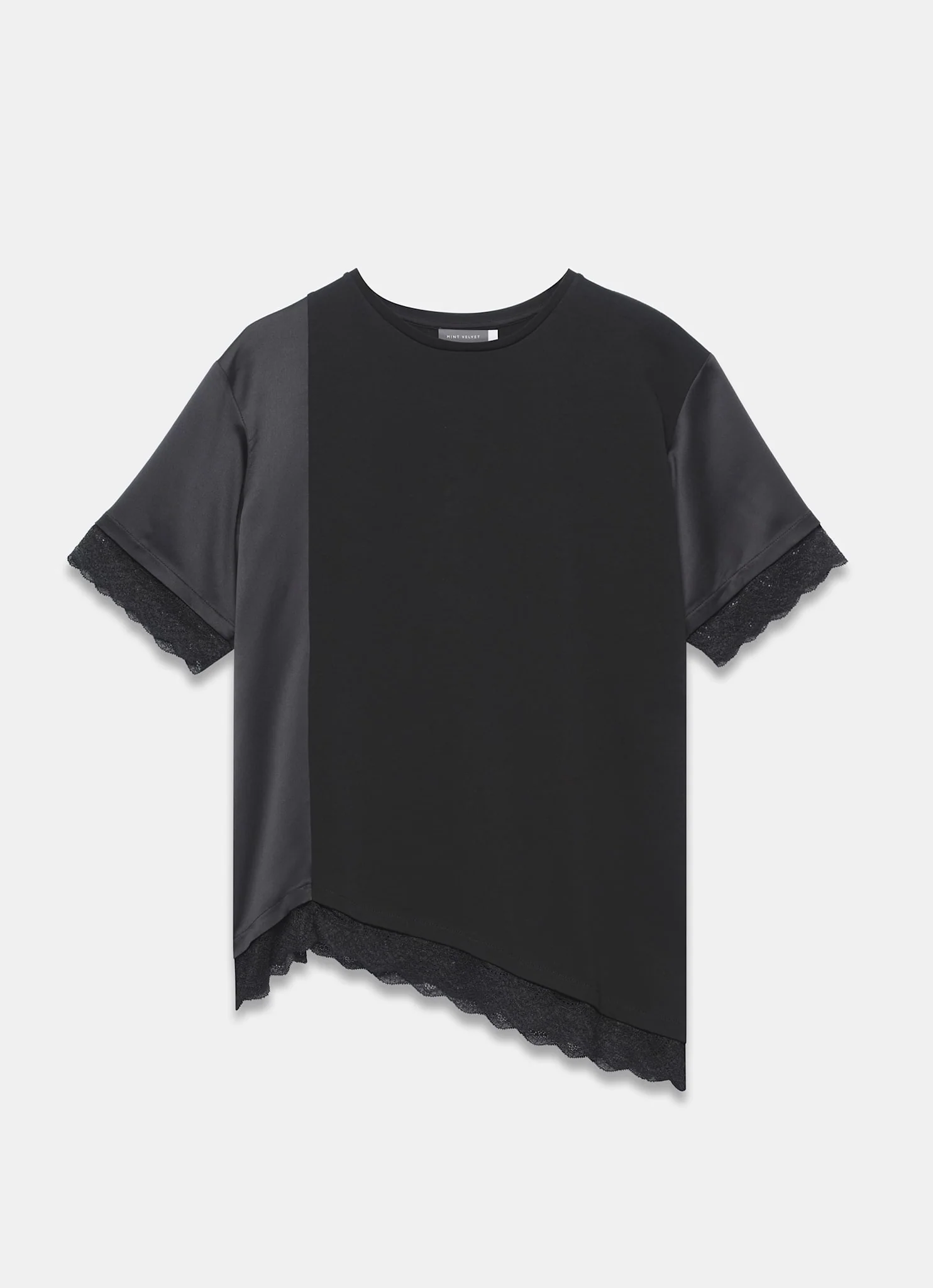 Black Satin Mix Lace Trim Top