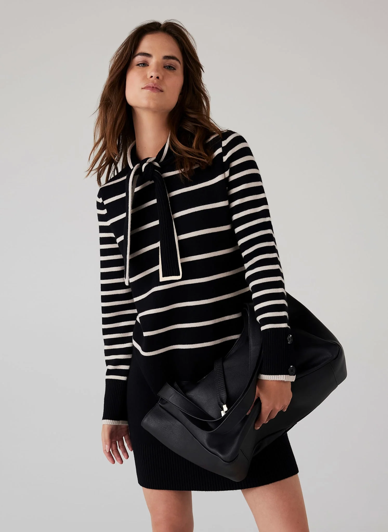1998-black-striped-scarf-detail-knit-mini-dress-1.webp Black Striped Scarf Detail Knit Mini Dress