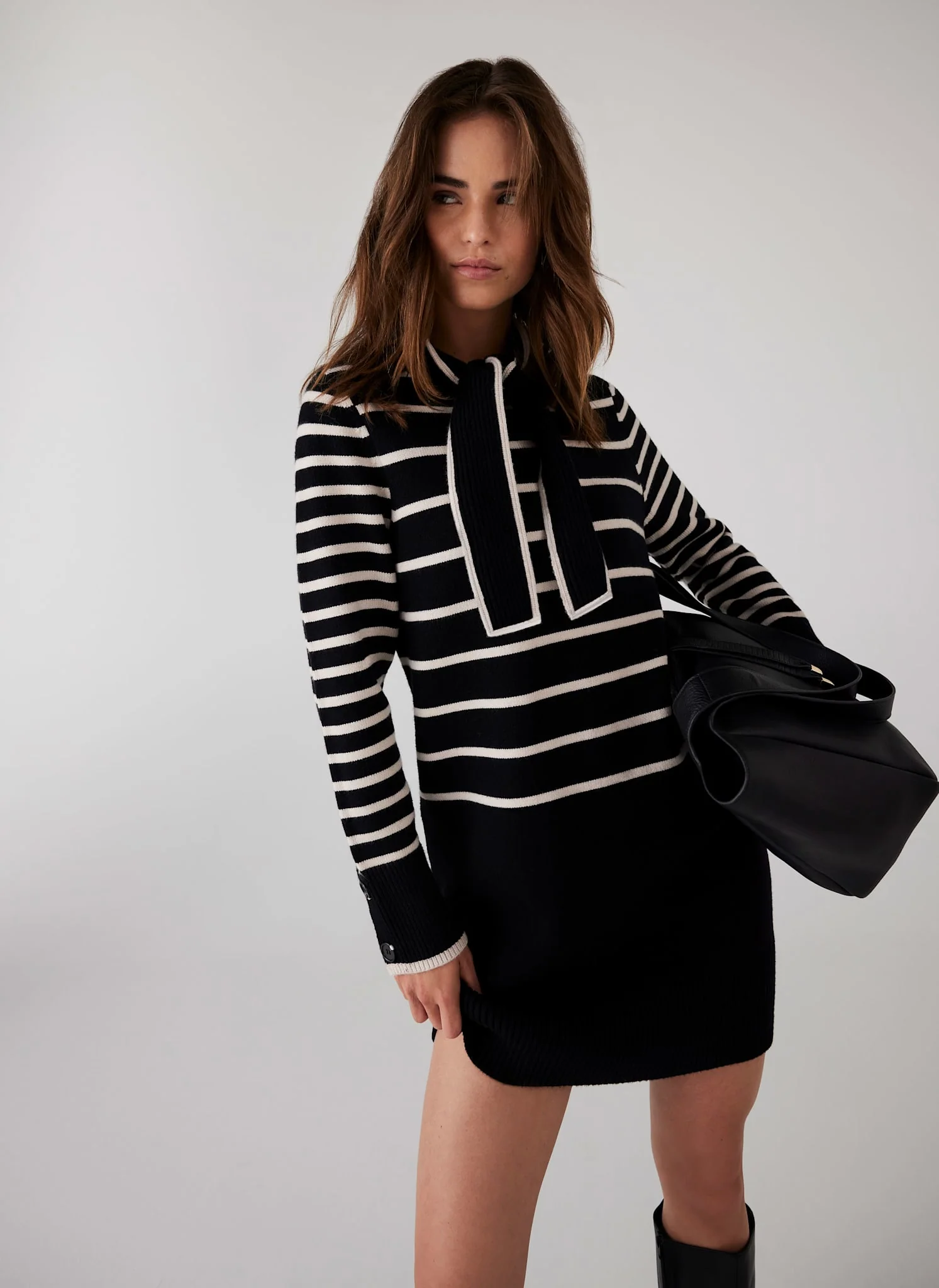1998-black-striped-scarf-detail-knit-mini-dress-2.webp Black Striped Scarf Detail Knit Mini Dress