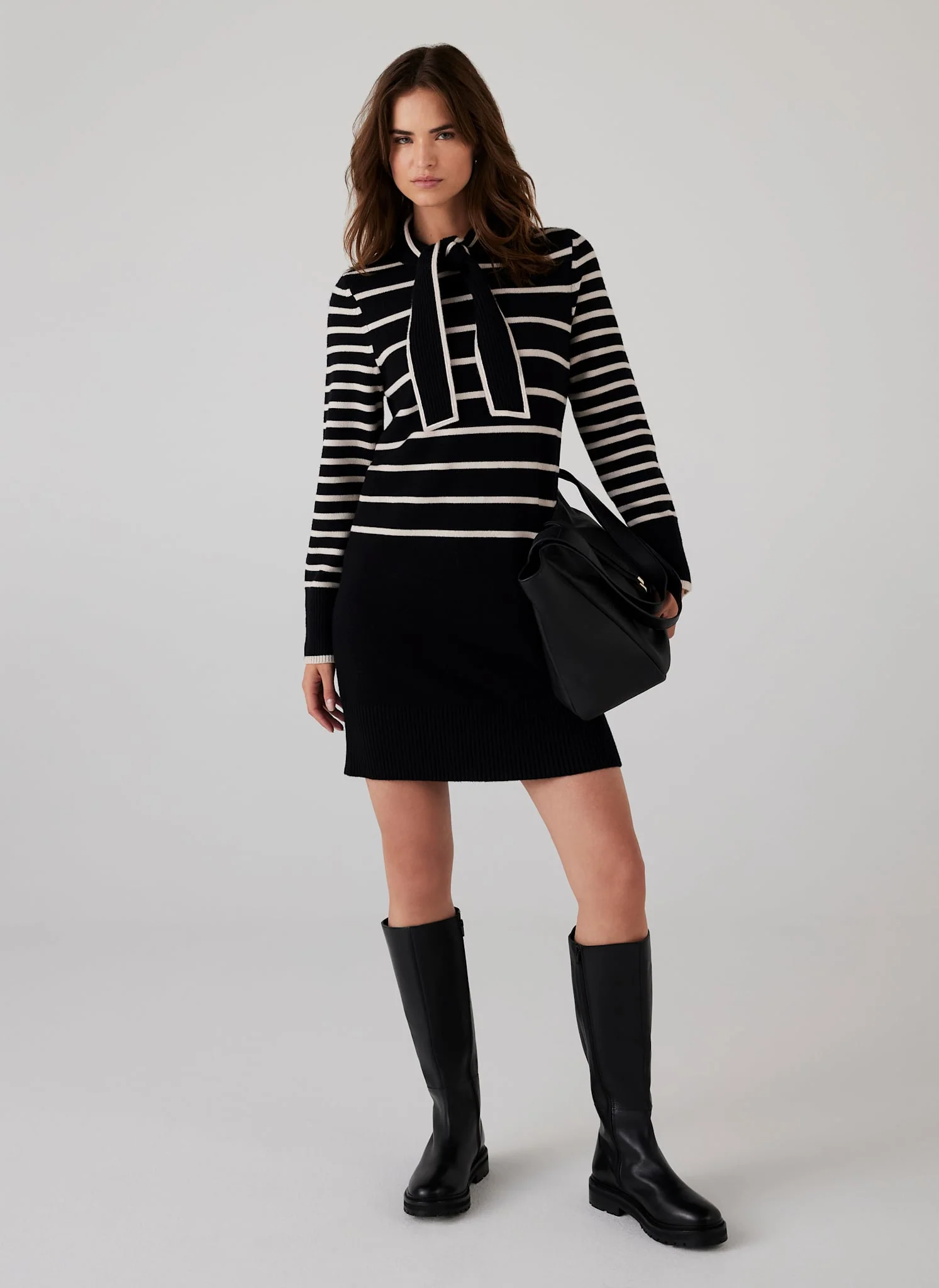 1998-black-striped-scarf-detail-knit-mini-dress-3.webp Black Striped Scarf Detail Knit Mini Dress
