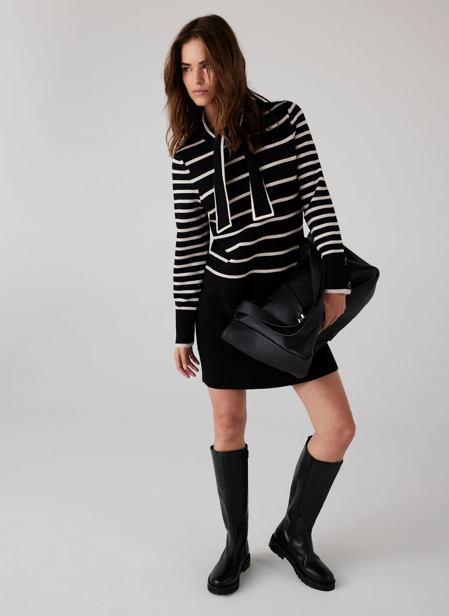 1998-black-striped-scarf-detail-knit-mini-dress-5.webp Black Striped Scarf Detail Knit Mini Dress