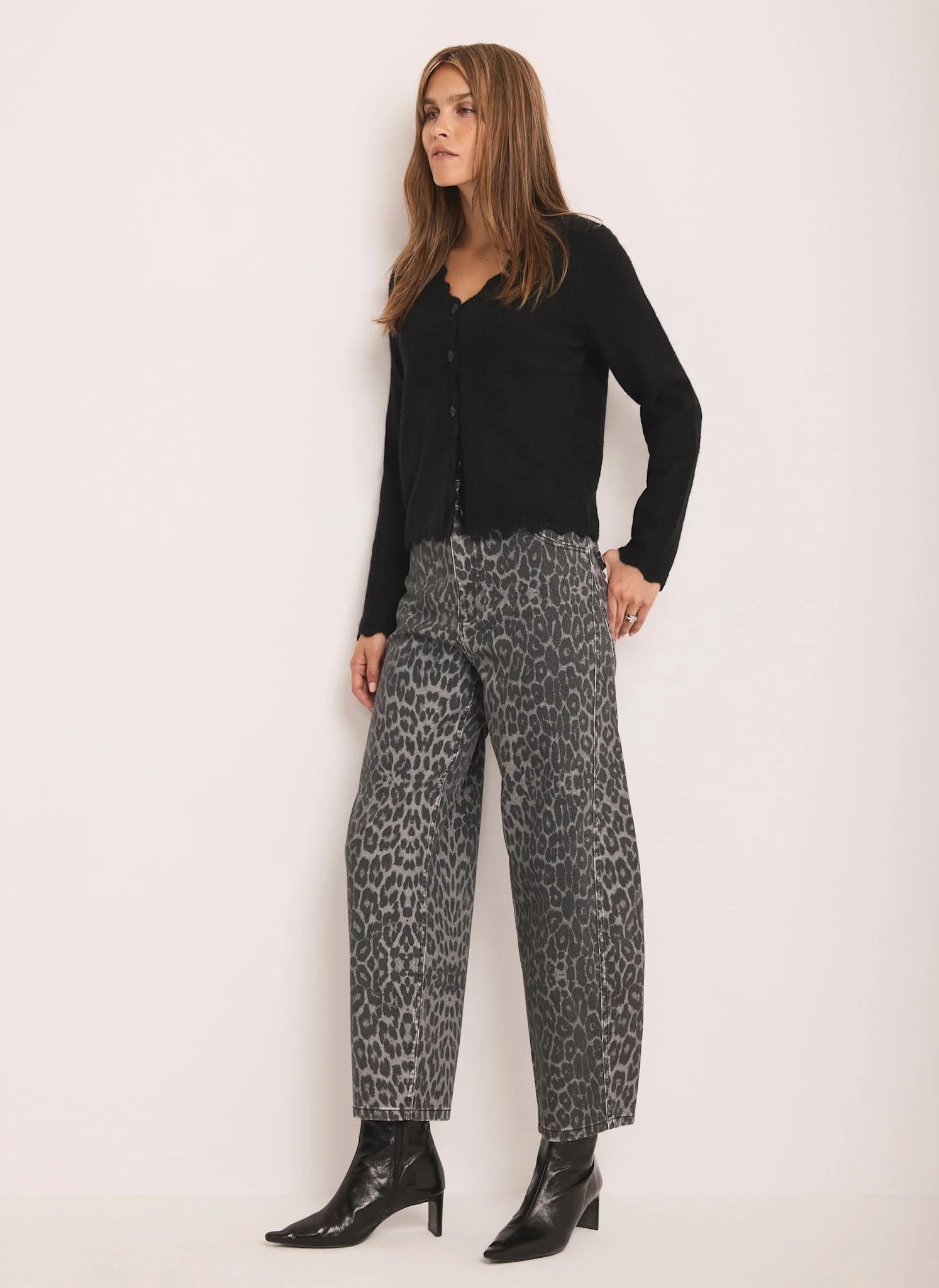 Grey Leopard Print Barrel Leg Jeans
