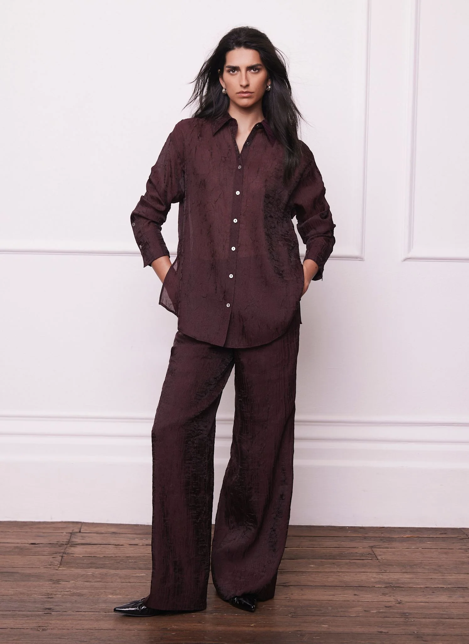 Burgundy Crinkle Textured Wide Trousers