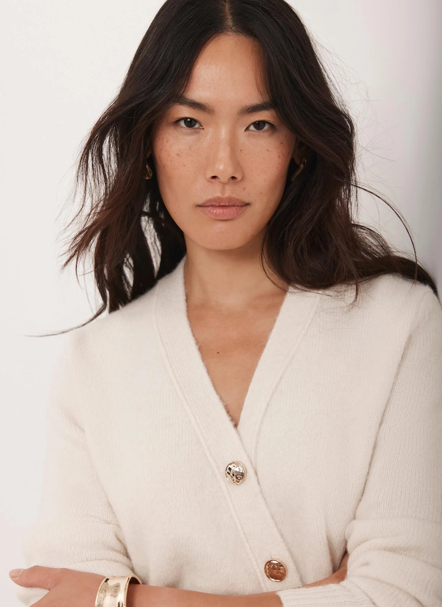 Cream Asymmetric Knit Cardigan