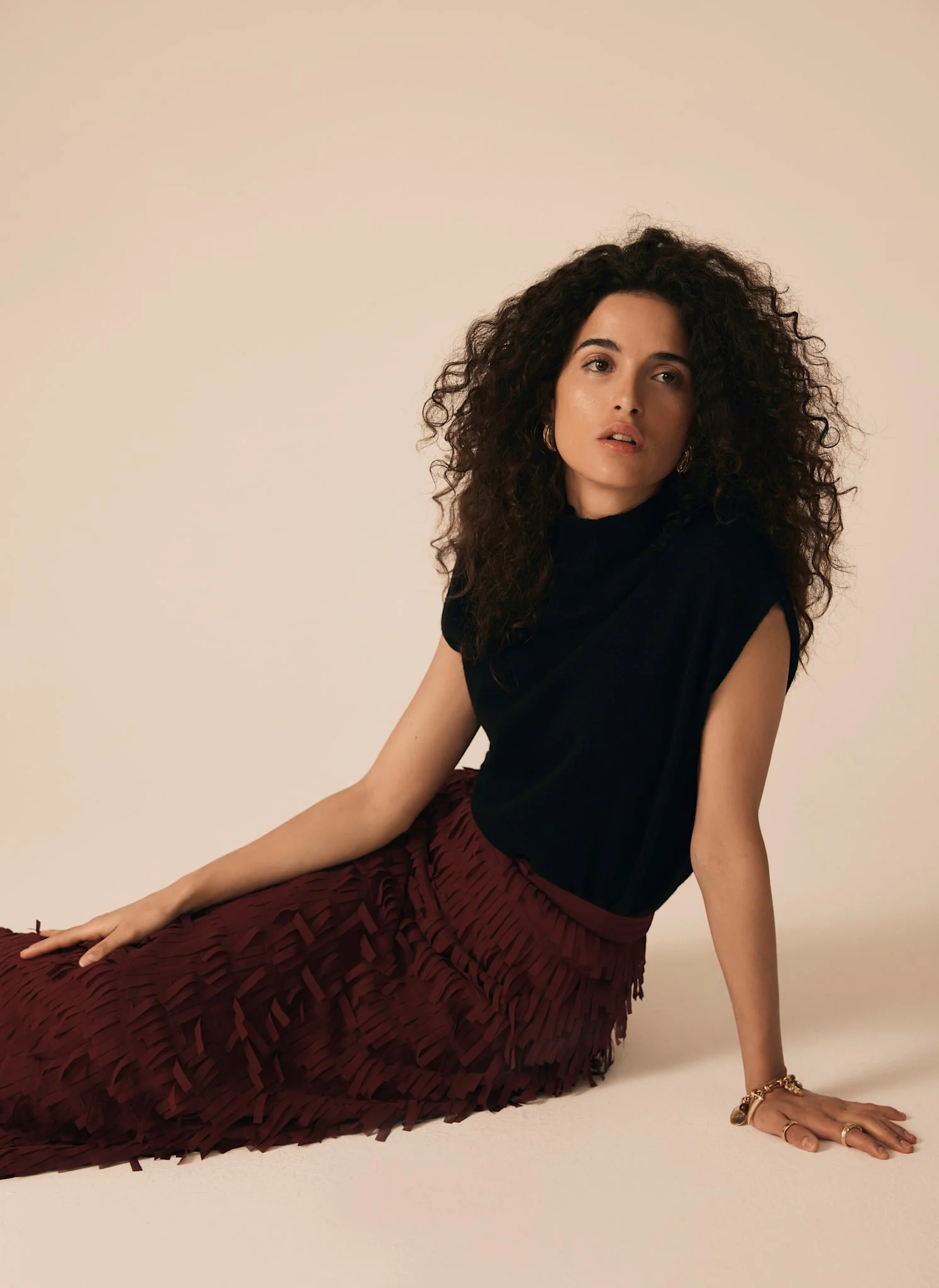 Burgundy Fringed Midi Skirt